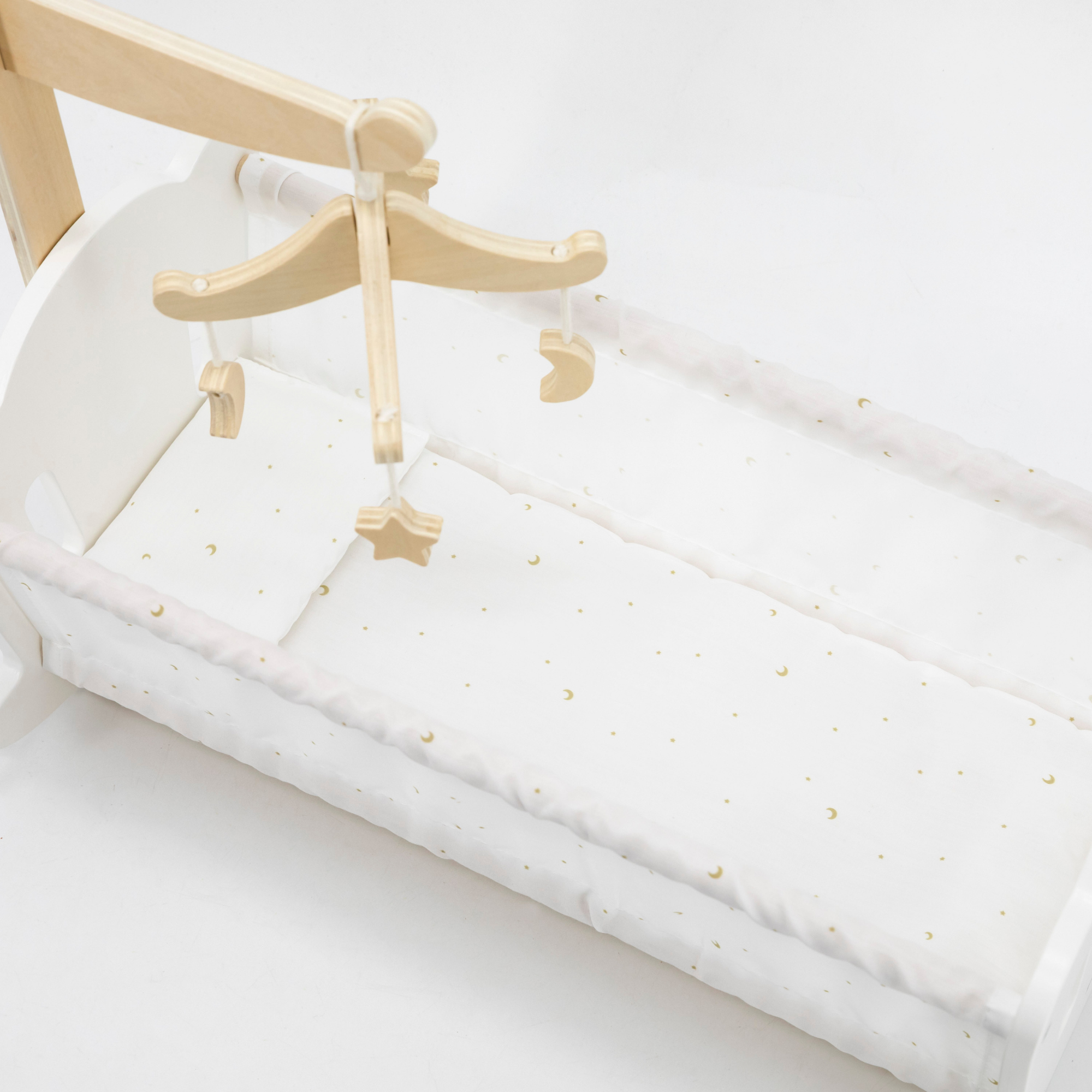 PolarB Wooden Doll Cradle by , Solid Wood Rocking Cot with Pillow, Blanket, and Crib Mobile, Fits Dolls Up to 38 cm, Ages 3+