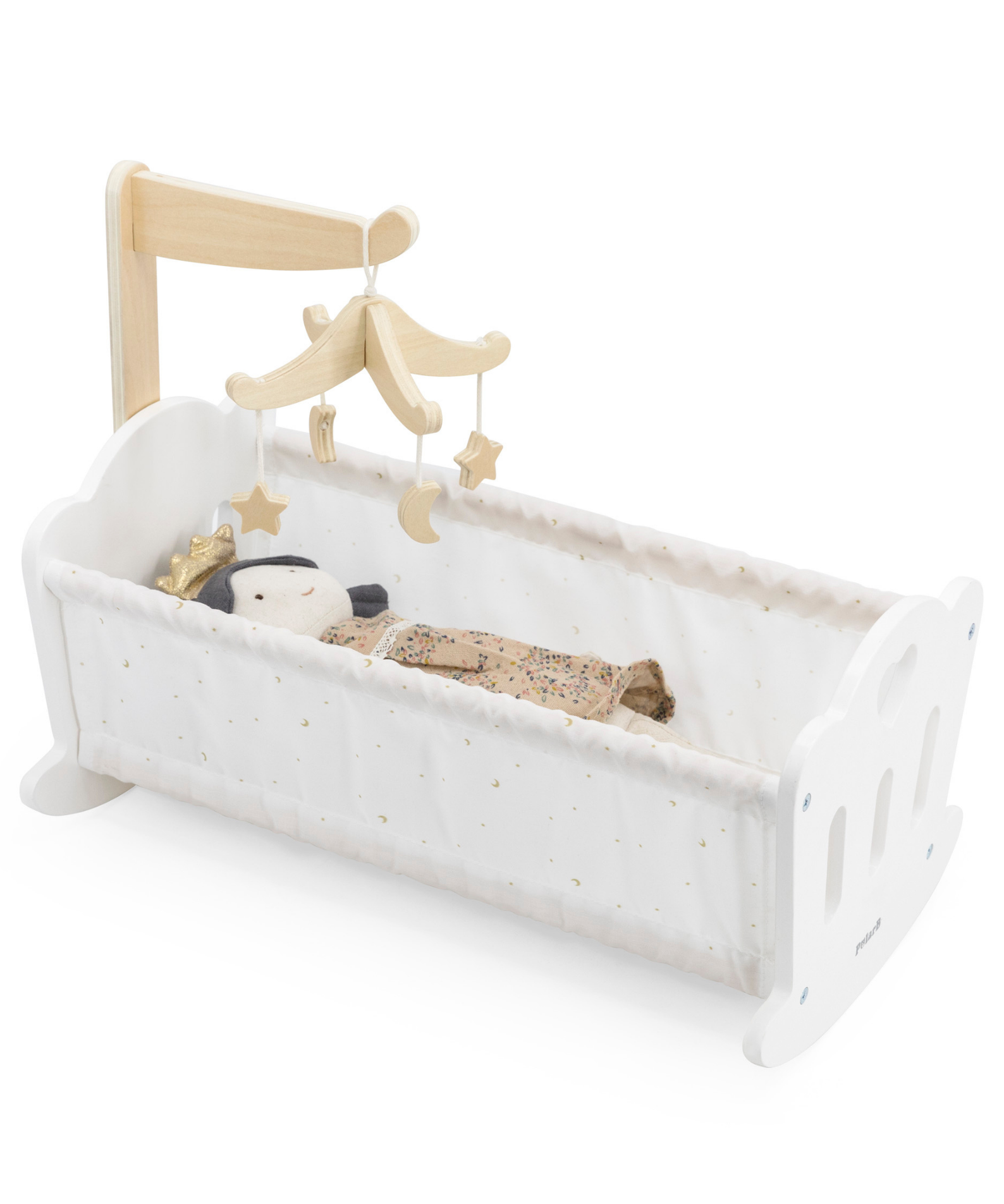 PolarB Wooden Doll Cradle by , Solid Wood Rocking Cot with Pillow, Blanket, and Crib Mobile, Fits Dolls Up to 38 cm, Ages 3+