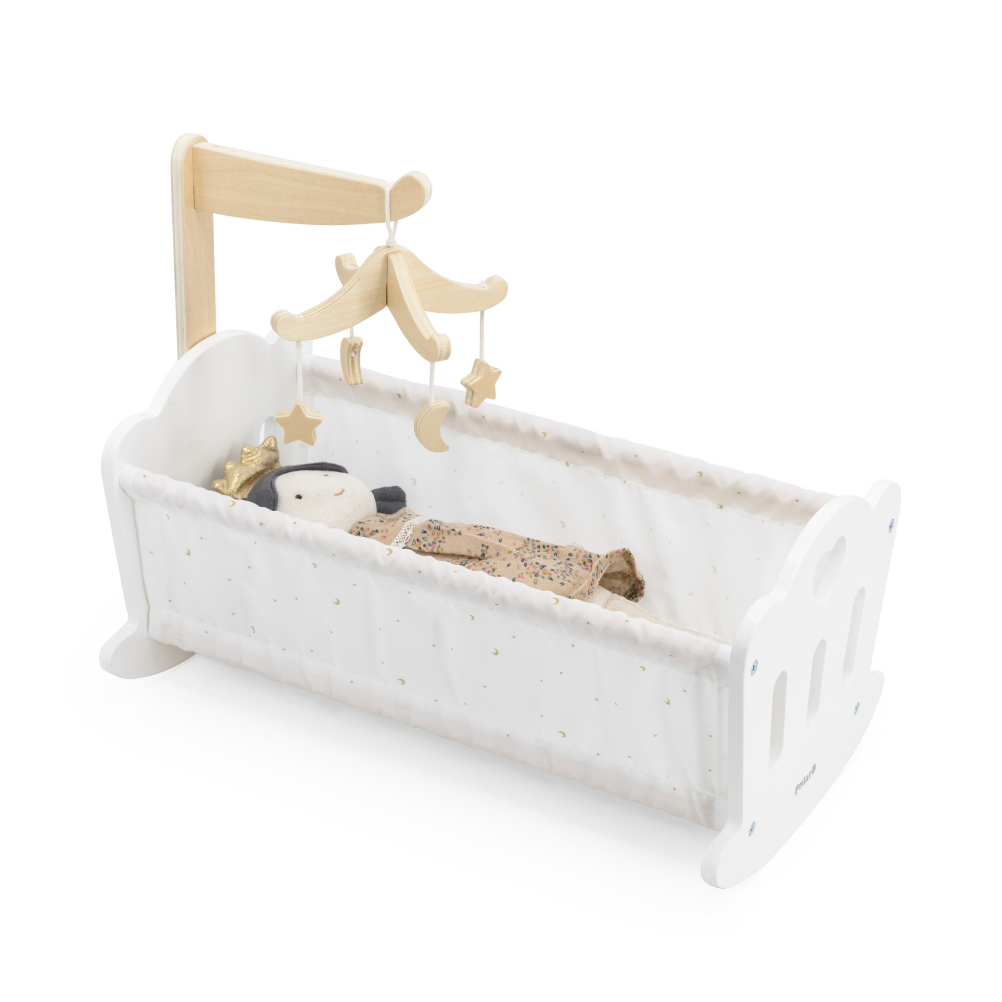 PolarB Wooden Doll Cradle by , Solid Wood Rocking Cot with Pillow, Blanket, and Crib Mobile, Fits Dolls Up to 38 cm, Ages 3+