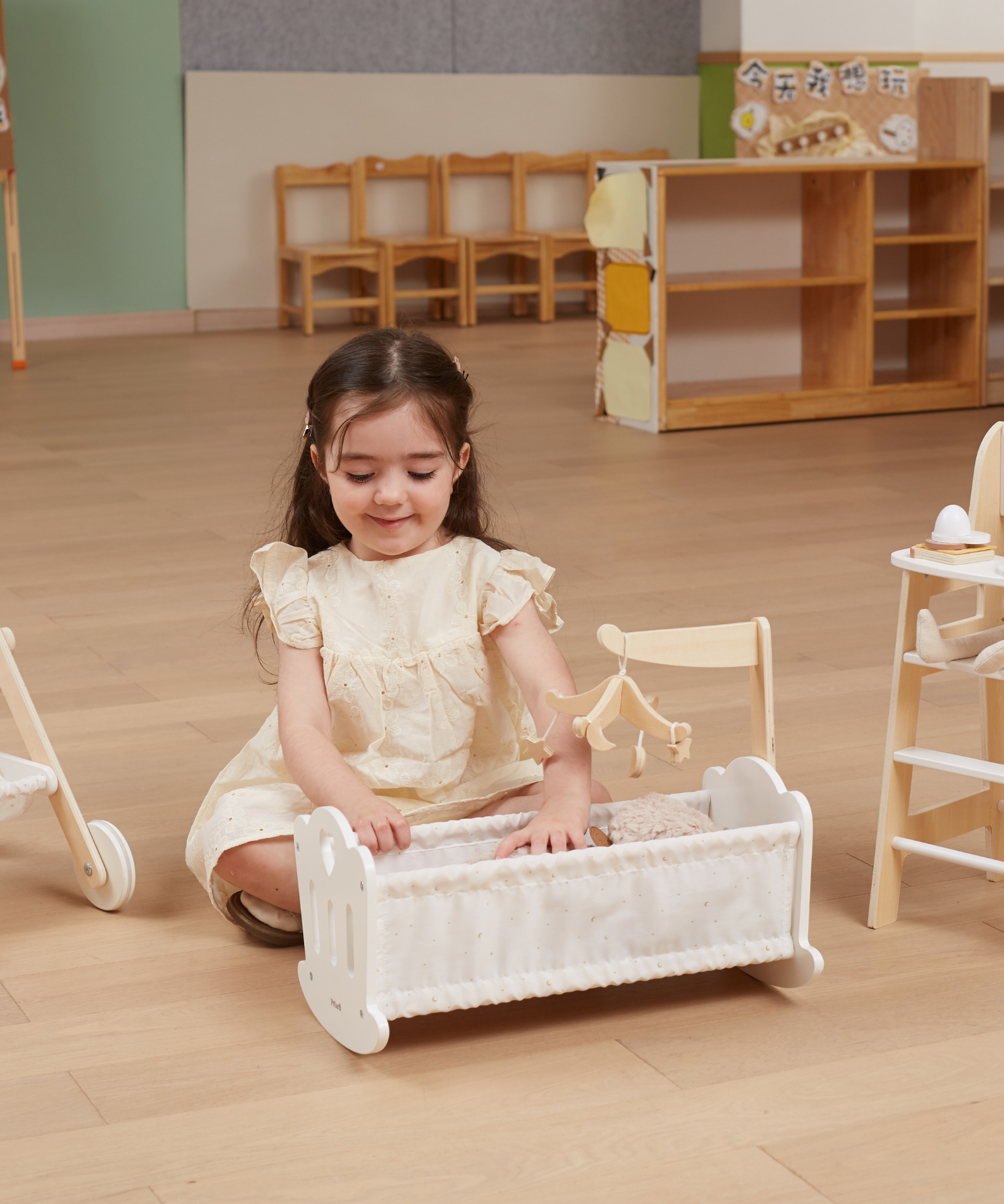 PolarB Wooden Doll Cradle by , Solid Wood Rocking Cot with Pillow, Blanket, and Crib Mobile, Fits Dolls Up to 38 cm, Ages 3+