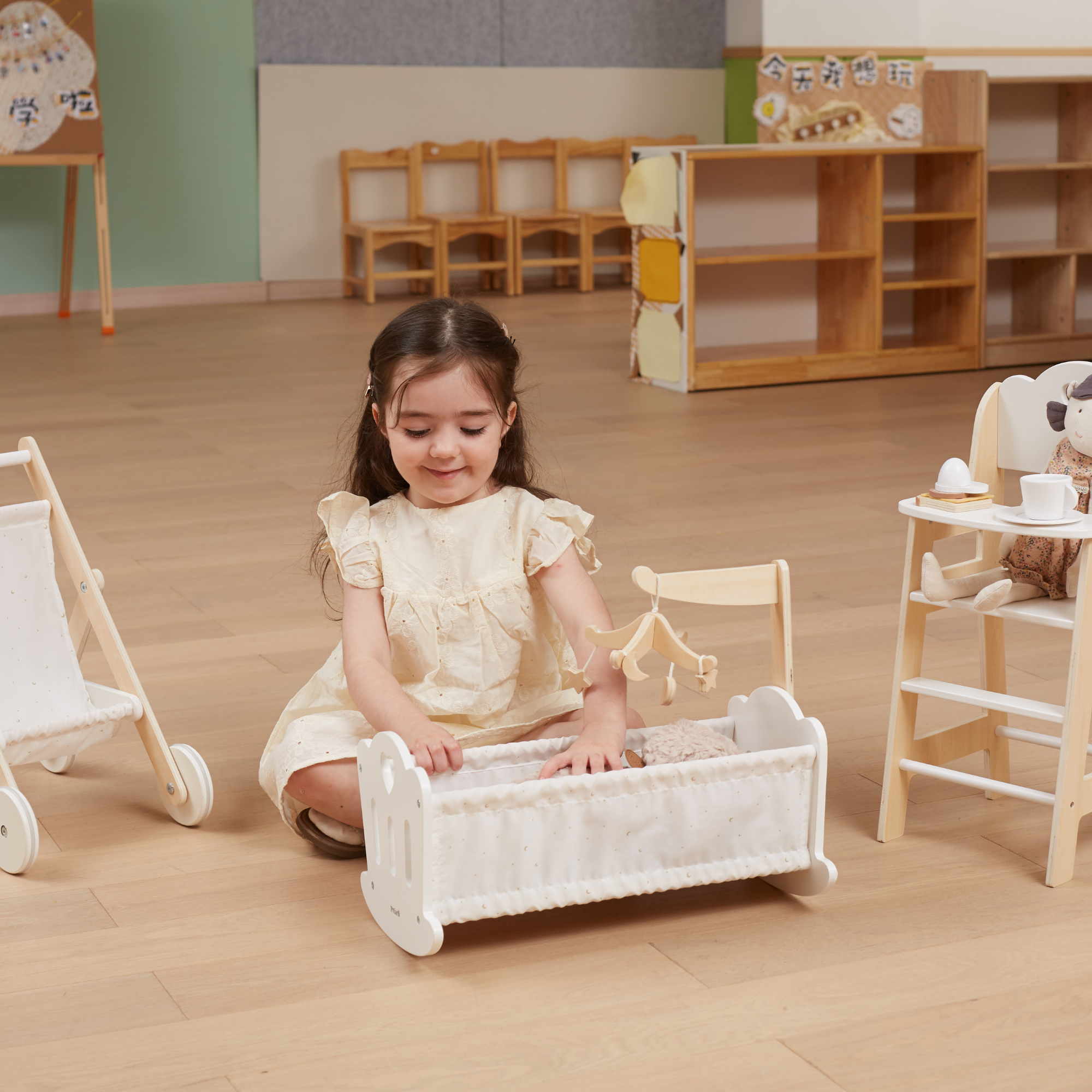 PolarB Wooden Doll Cradle by , Solid Wood Rocking Cot with Pillow, Blanket, and Crib Mobile, Fits Dolls Up to 38 cm, Ages 3+