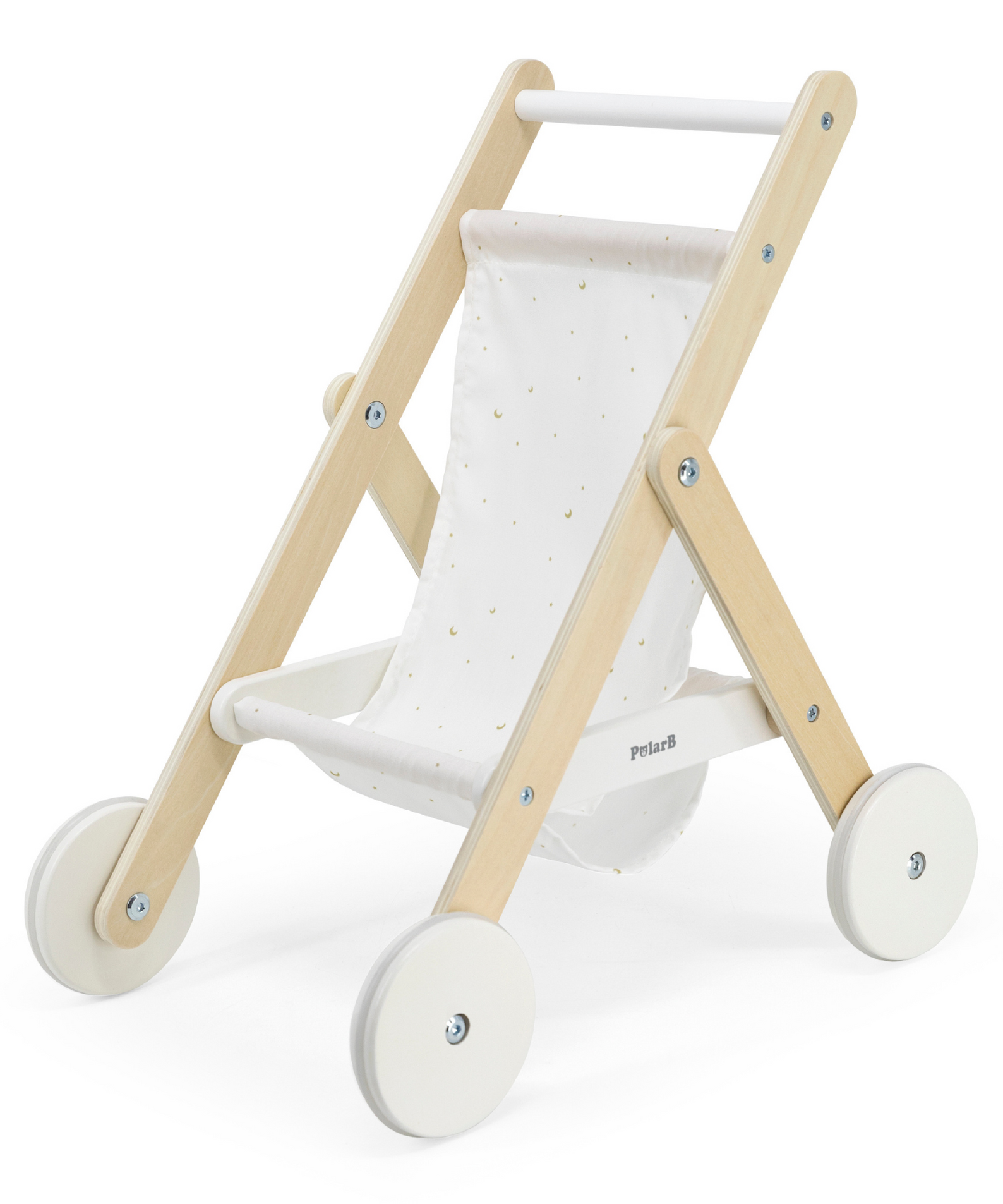 PolarB Wooden Doll Stroller for Kids Ages 3 and Up  Roleplay Toy with Rubber Wheels and Storage Basket