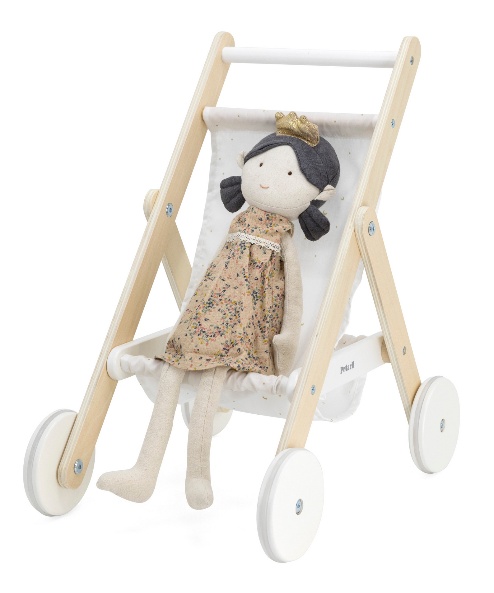 PolarB Wooden Doll Stroller for Kids Ages 3 and Up  Roleplay Toy with Rubber Wheels and Storage Basket