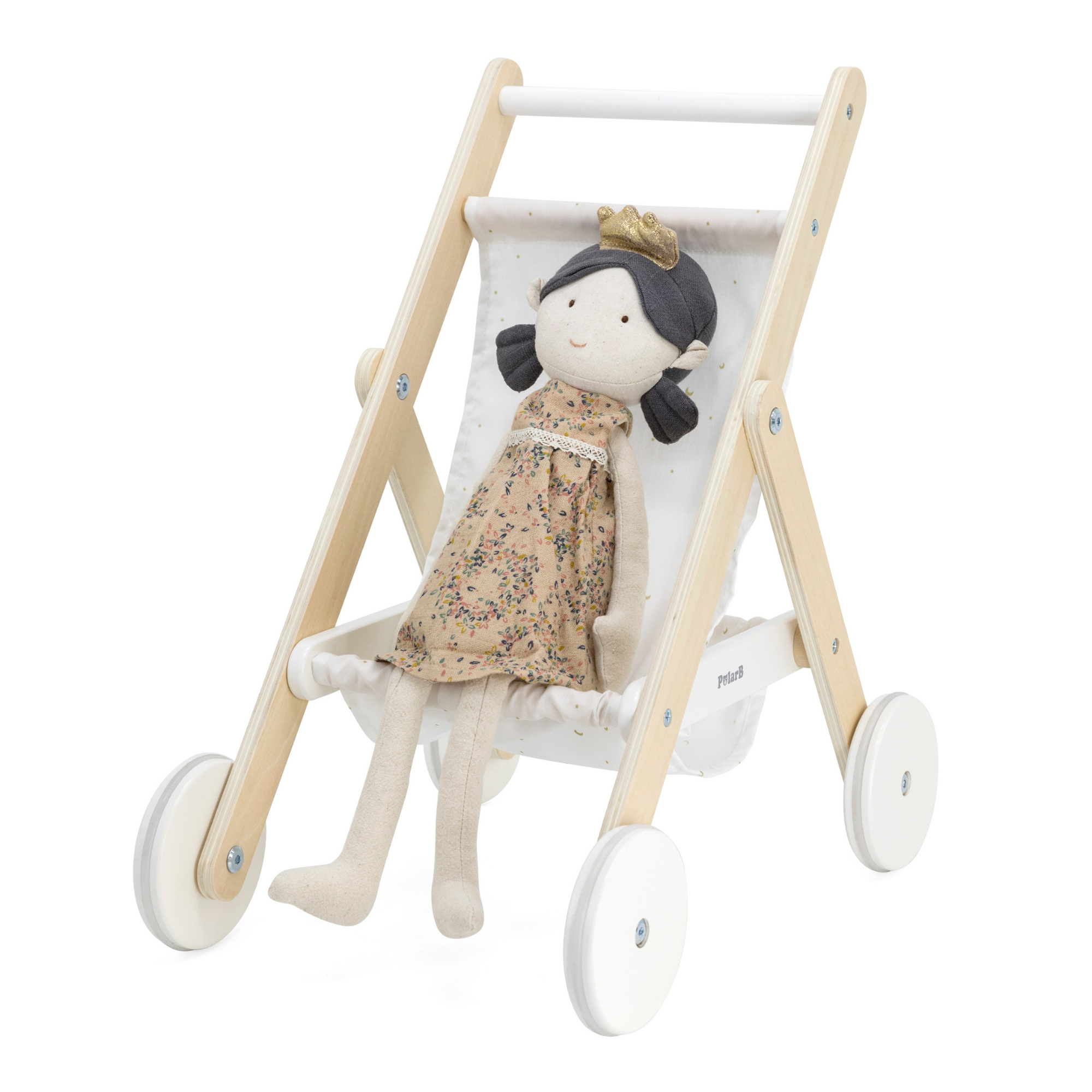 PolarB Wooden Doll Stroller for Kids Ages 3 and Up  Roleplay Toy with Rubber Wheels and Storage Basket