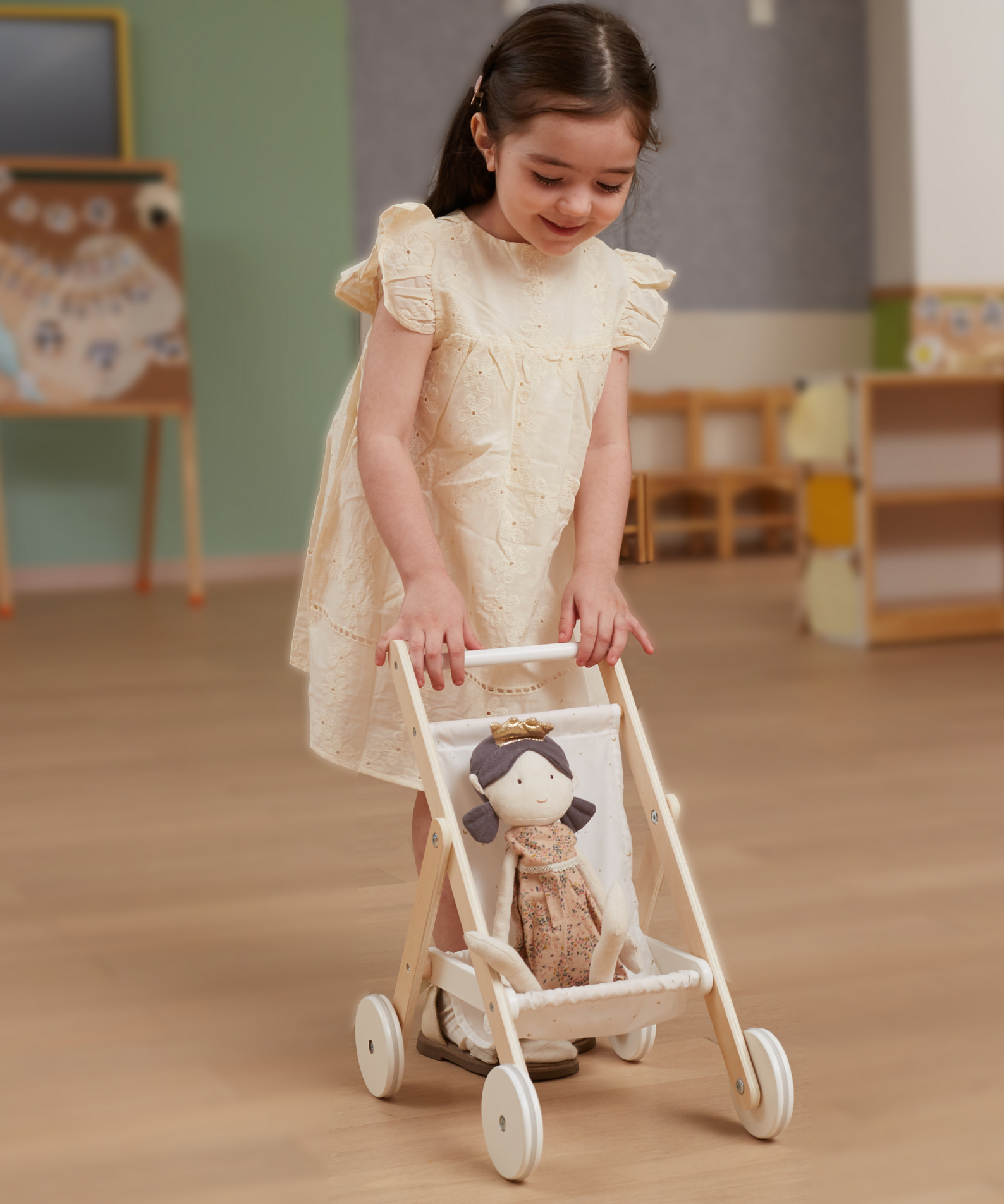 PolarB Wooden Doll Stroller for Kids Ages 3 and Up  Roleplay Toy with Rubber Wheels and Storage Basket