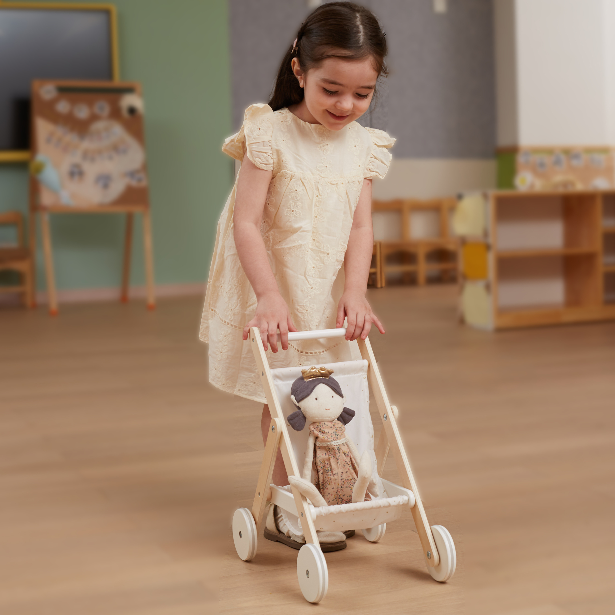PolarB Wooden Doll Stroller for Kids Ages 3 and Up  Roleplay Toy with Rubber Wheels and Storage Basket