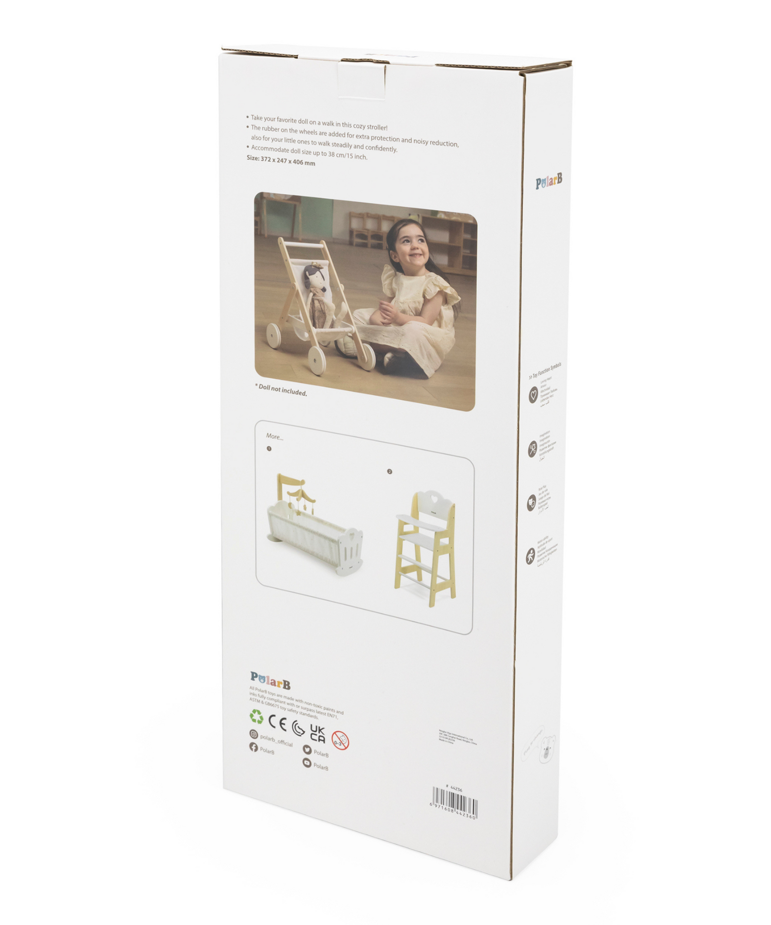 PolarB Wooden Doll Stroller for Kids Ages 3 and Up  Roleplay Toy with Rubber Wheels and Storage Basket