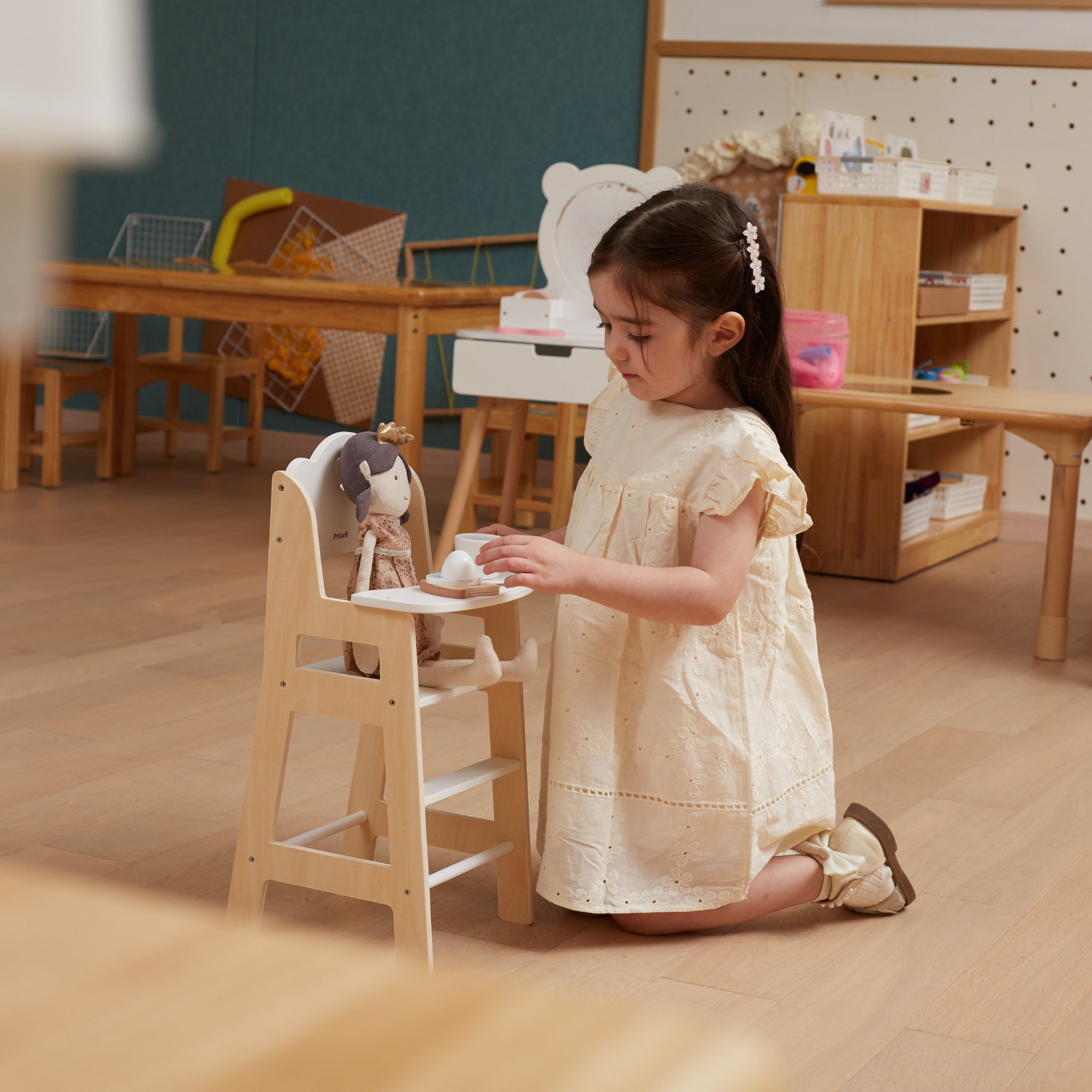 PolarB Wooden Doll Feeding High Chair, Fits Dolls Up to 38 cm, Encourages Role Play and Creativity, Solid Wood Toy for Ages 3+