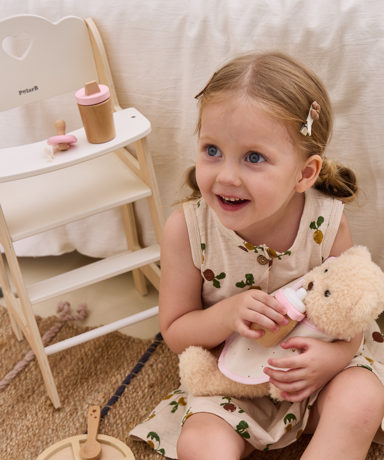 PolarB Wooden Doll Feeding High Chair, Fits Dolls Up to 38 cm, Encourages Role Play and Creativity, Solid Wood Toy for Ages 3+