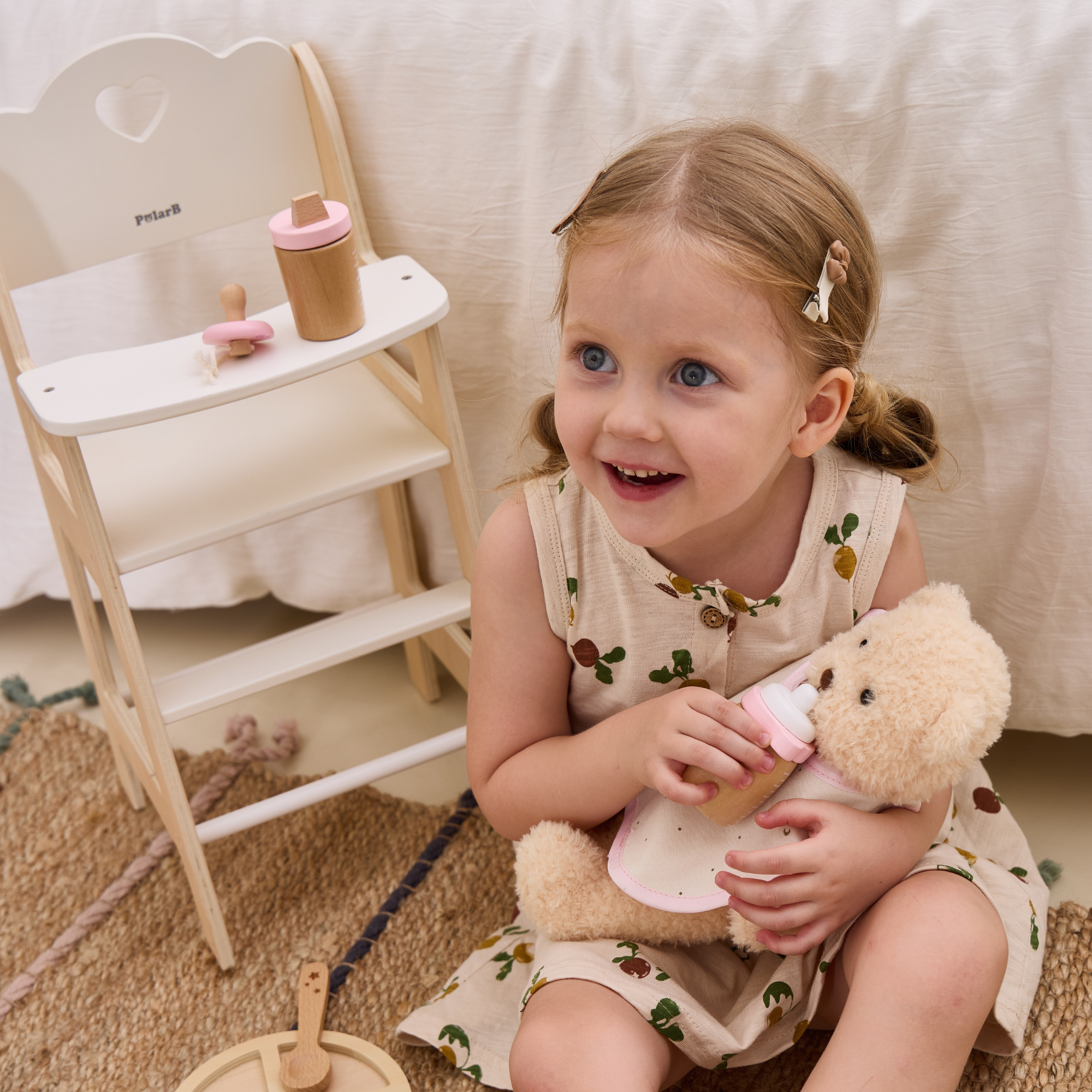 PolarB Wooden Doll Feeding High Chair, Fits Dolls Up to 38 cm, Encourages Role Play and Creativity, Solid Wood Toy for Ages 3+