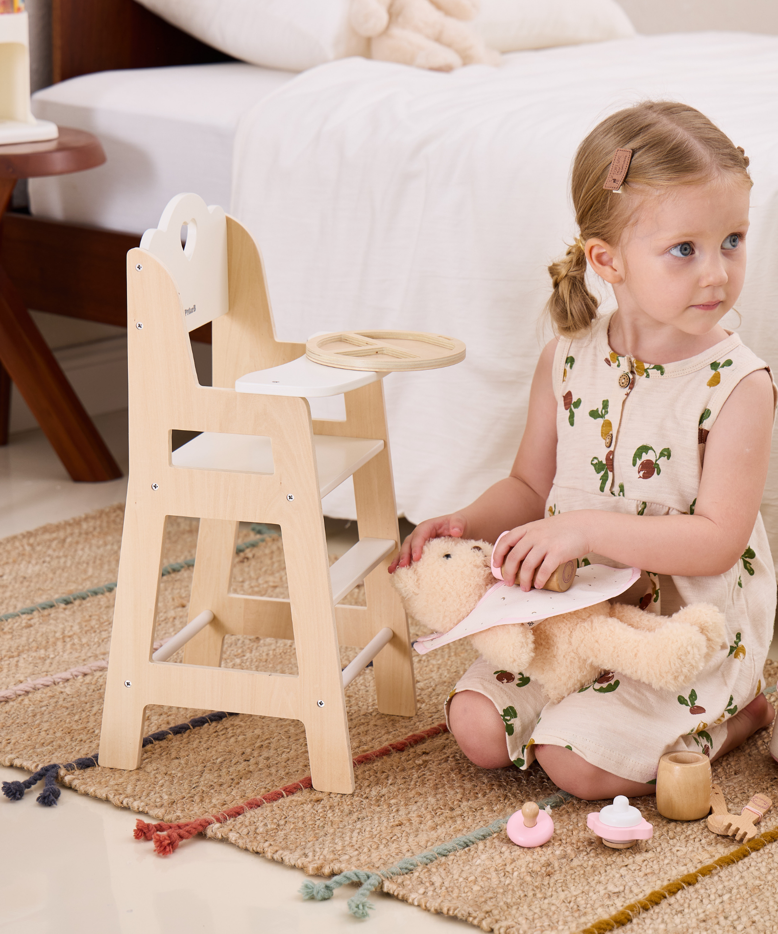 PolarB Wooden Doll Feeding High Chair, Fits Dolls Up to 38 cm, Encourages Role Play and Creativity, Solid Wood Toy for Ages 3+