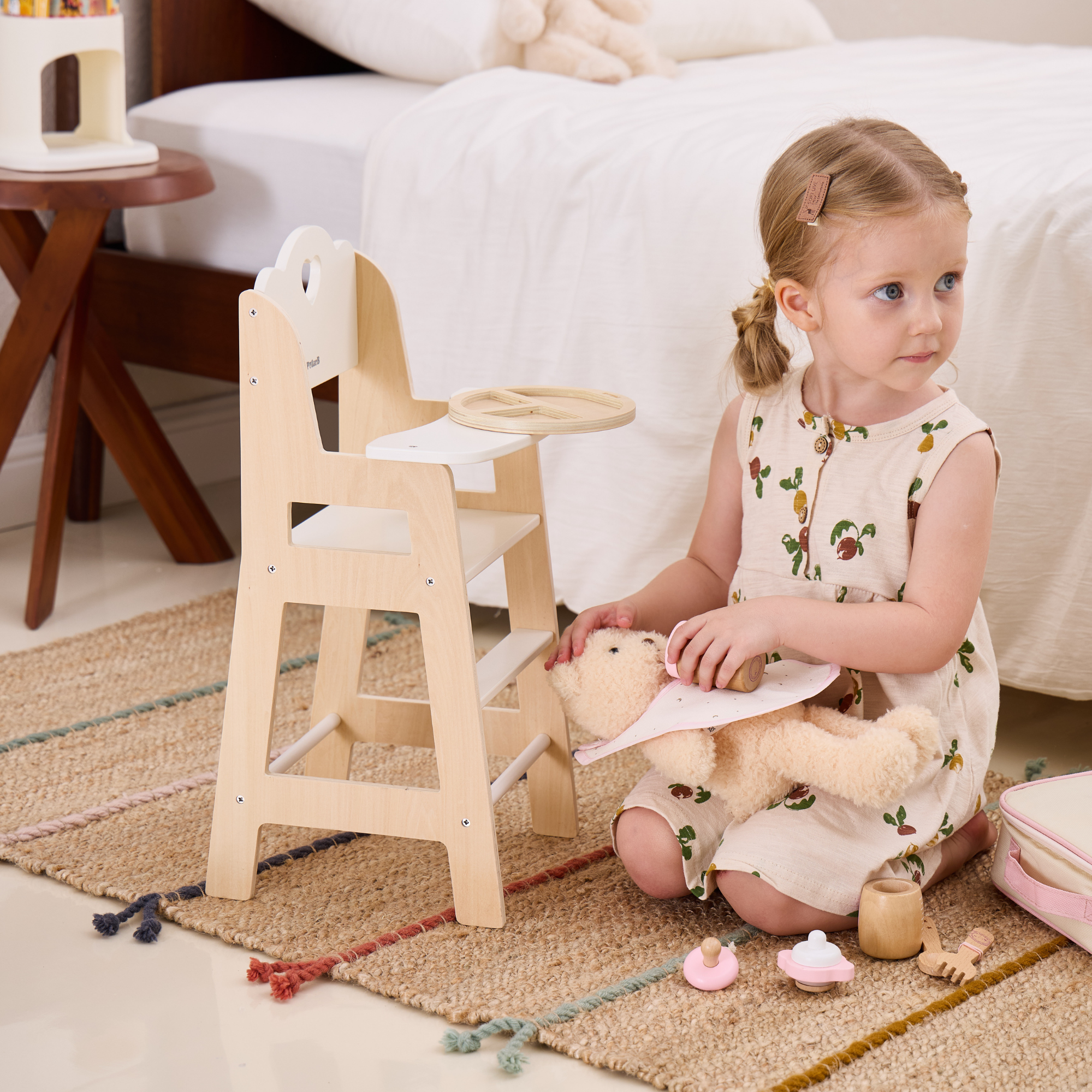 PolarB Wooden Doll Feeding High Chair, Fits Dolls Up to 38 cm, Encourages Role Play and Creativity, Solid Wood Toy for Ages 3+