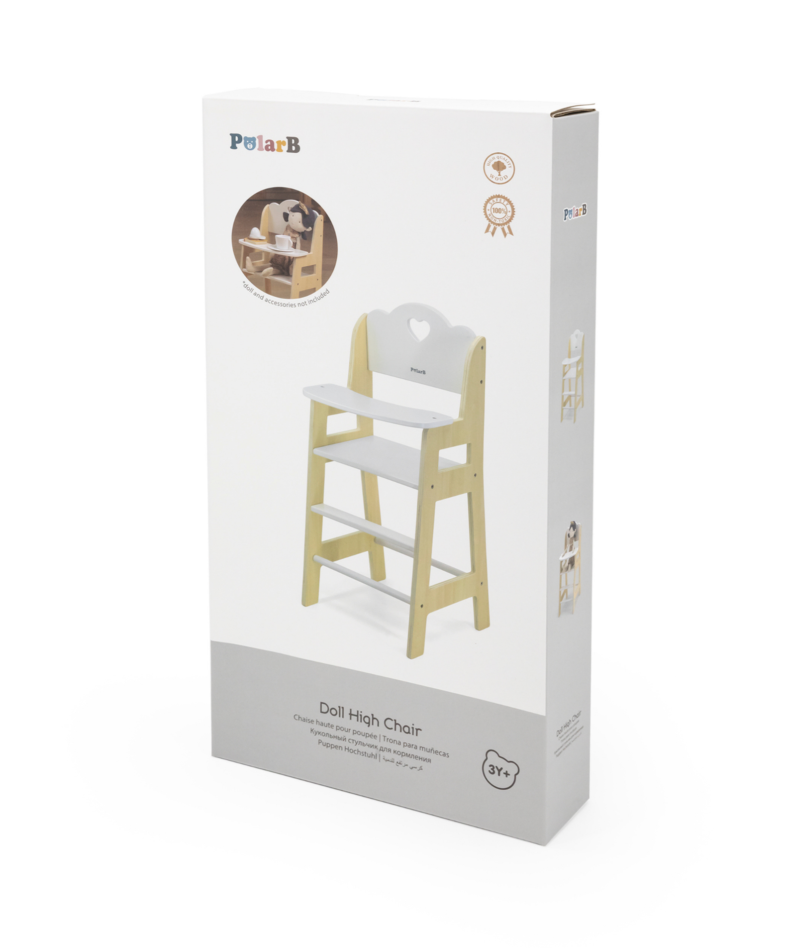 PolarB Wooden Doll Feeding High Chair, Fits Dolls Up to 38 cm, Encourages Role Play and Creativity, Solid Wood Toy for Ages 3+