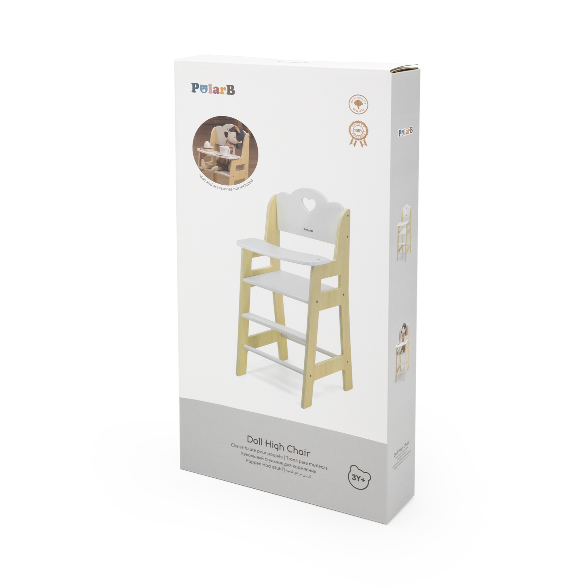 PolarB Wooden Doll Feeding High Chair, Fits Dolls Up to 38 cm, Encourages Role Play and Creativity, Solid Wood Toy for Ages 3+