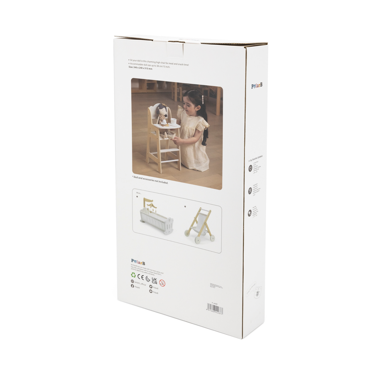 PolarB Wooden Doll Feeding High Chair, Fits Dolls Up to 38 cm, Encourages Role Play and Creativity, Solid Wood Toy for Ages 3+