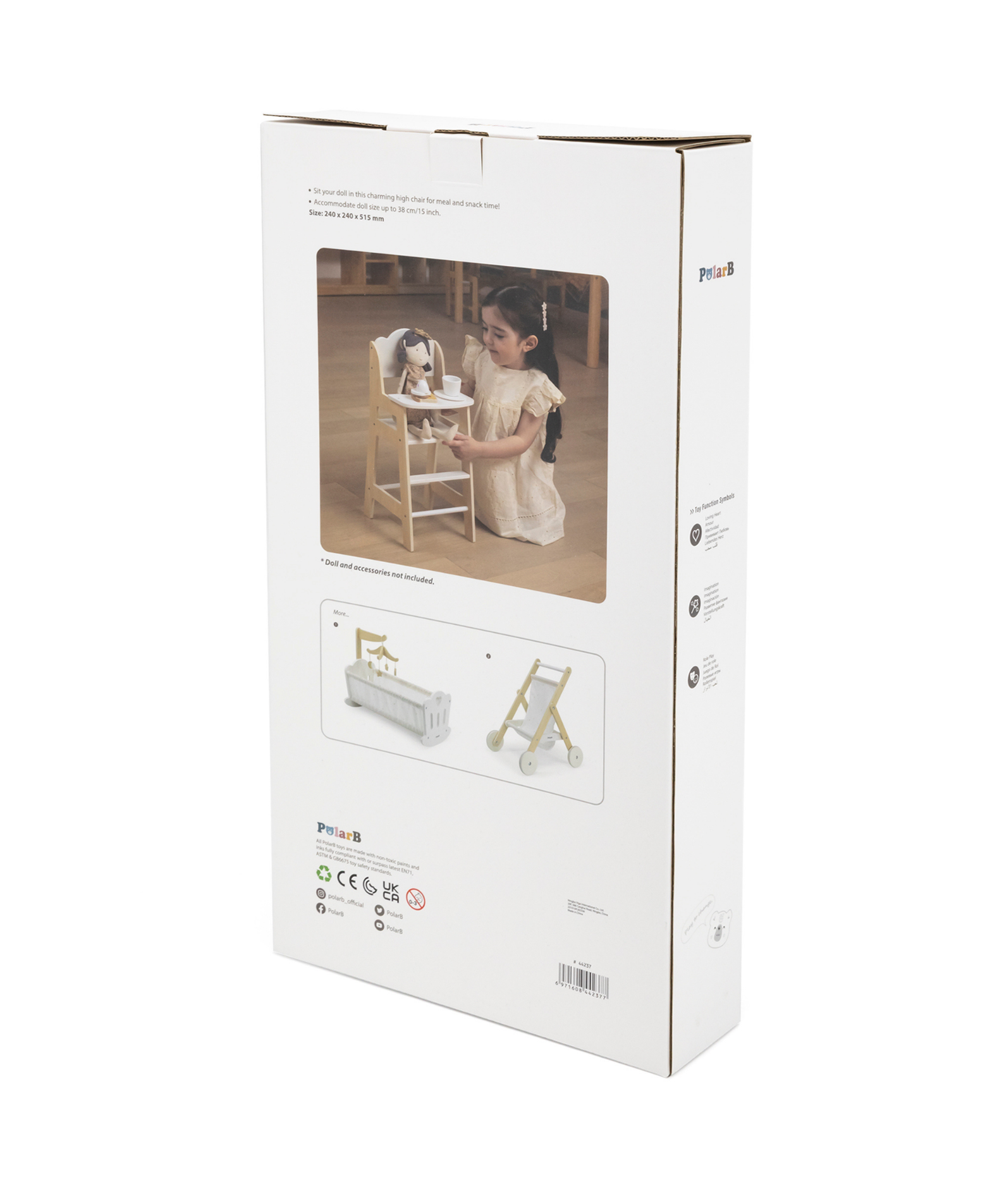 PolarB Wooden Doll Feeding High Chair, Fits Dolls Up to 38 cm, Encourages Role Play and Creativity, Solid Wood Toy for Ages 3+