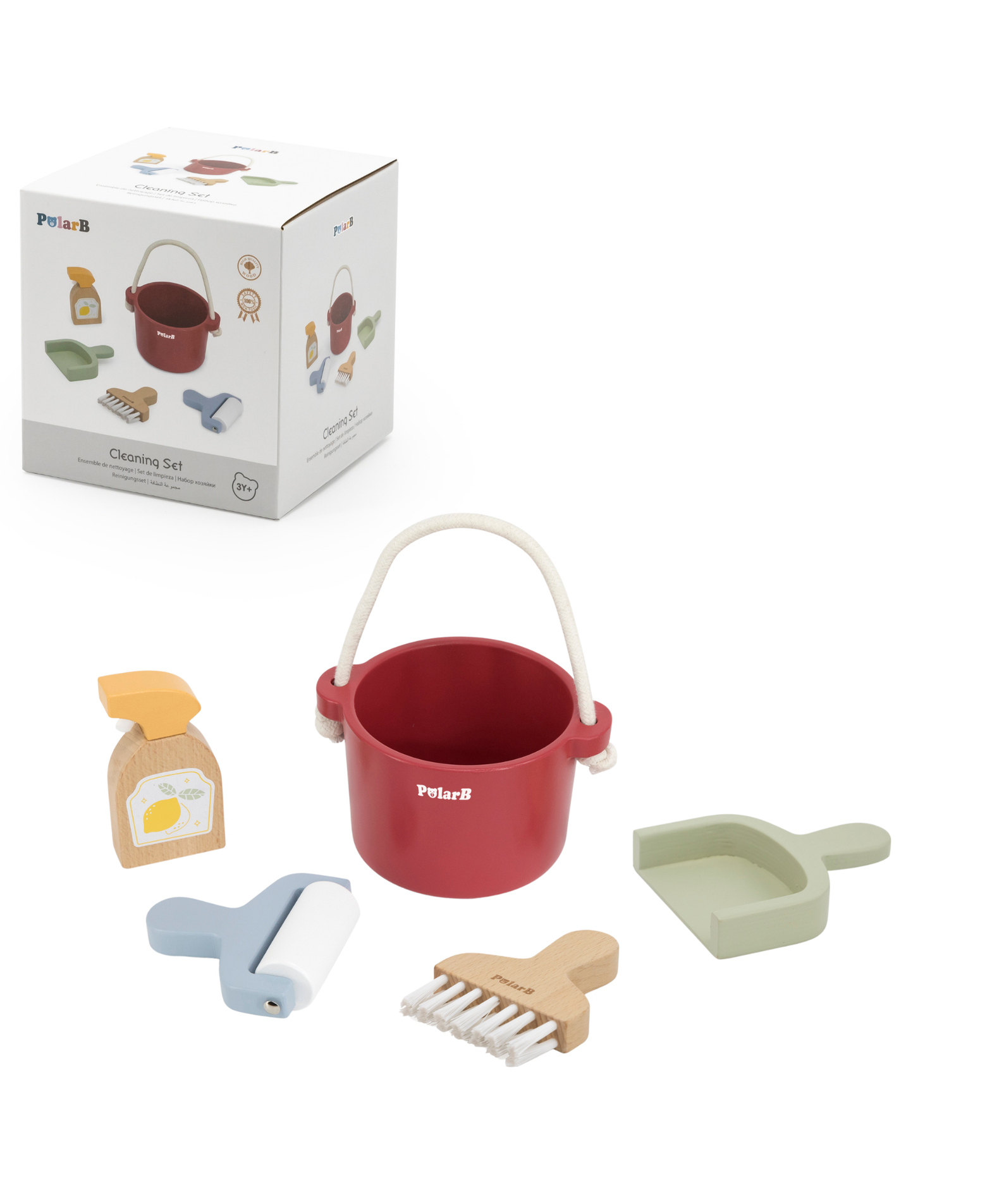 PolarB Wooden Cleaning Set for Kids, Realistic Pretend Play Cleaning Toys with Bucket, Brush, Dustpan, Montessori Toy for Children Ages 3 and Up