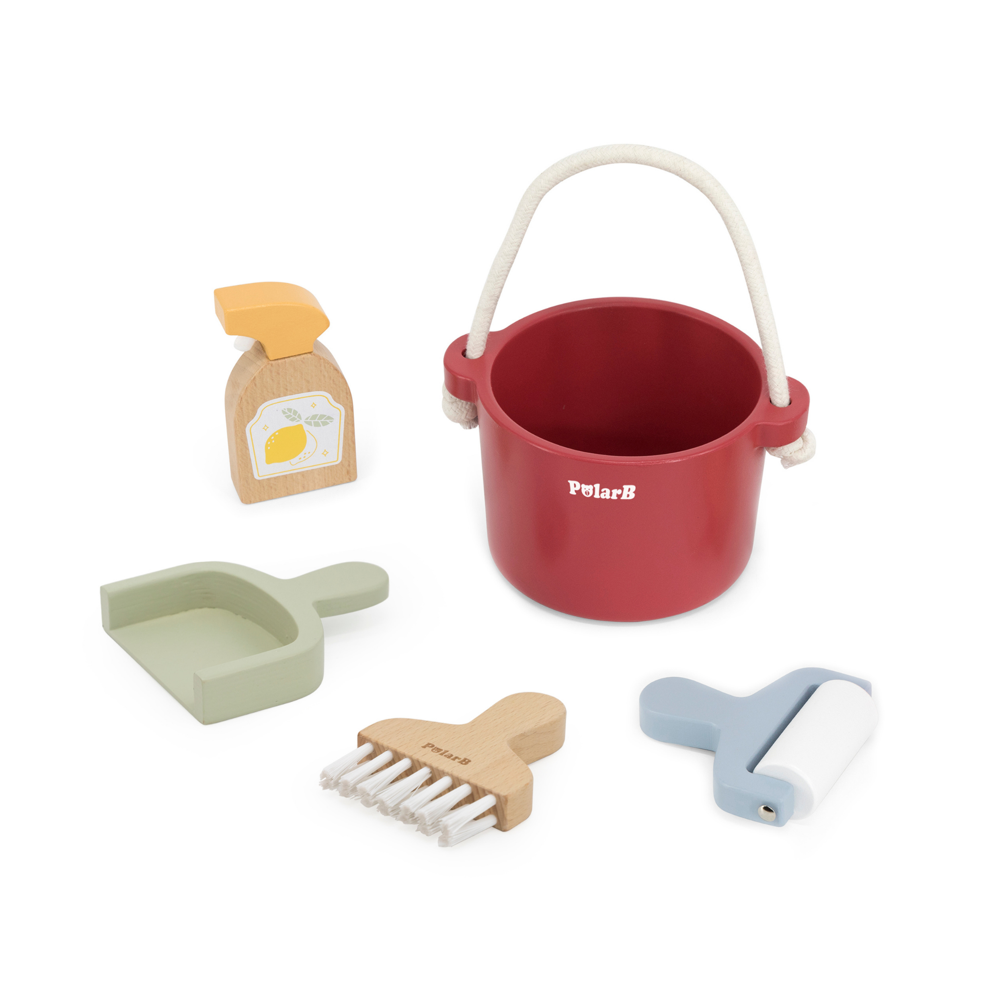 PolarB Wooden Cleaning Set for Kids, Realistic Pretend Play Cleaning Toys with Bucket, Brush, Dustpan, Montessori Toy for Children Ages 3 and Up