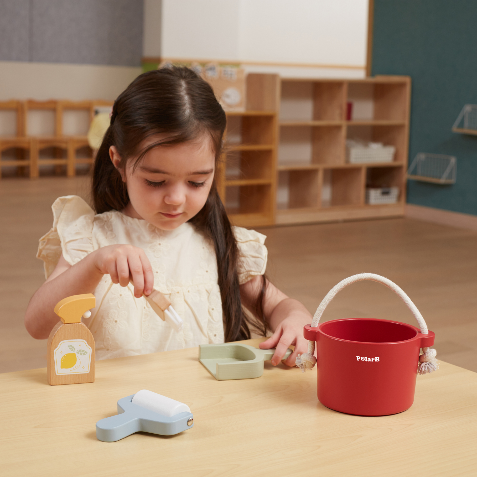 PolarB Wooden Cleaning Set for Kids, Realistic Pretend Play Cleaning Toys with Bucket, Brush, Dustpan, Montessori Toy for Children Ages 3 and Up