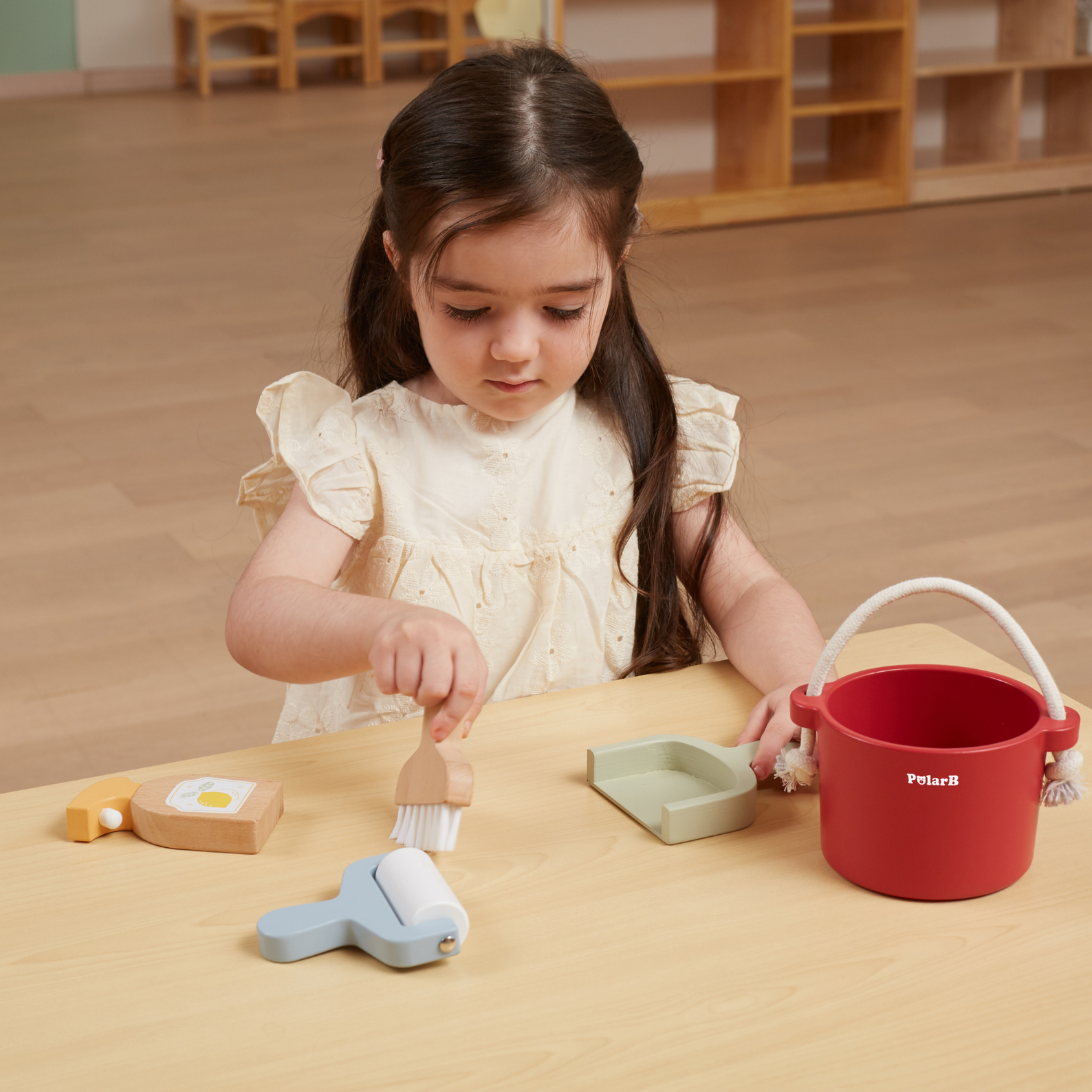 PolarB Wooden Cleaning Set for Kids, Realistic Pretend Play Cleaning Toys with Bucket, Brush, Dustpan, Montessori Toy for Children Ages 3 and Up