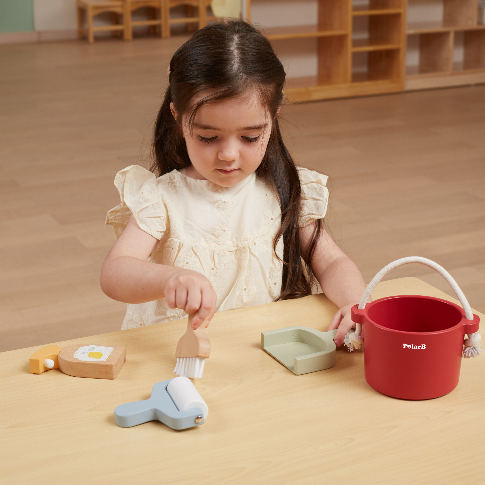 PolarB Wooden Cleaning Set for Kids, Realistic Pretend Play Cleaning Toys with Bucket, Brush, Dustpan, Montessori Toy for Children Ages 3 and Up
