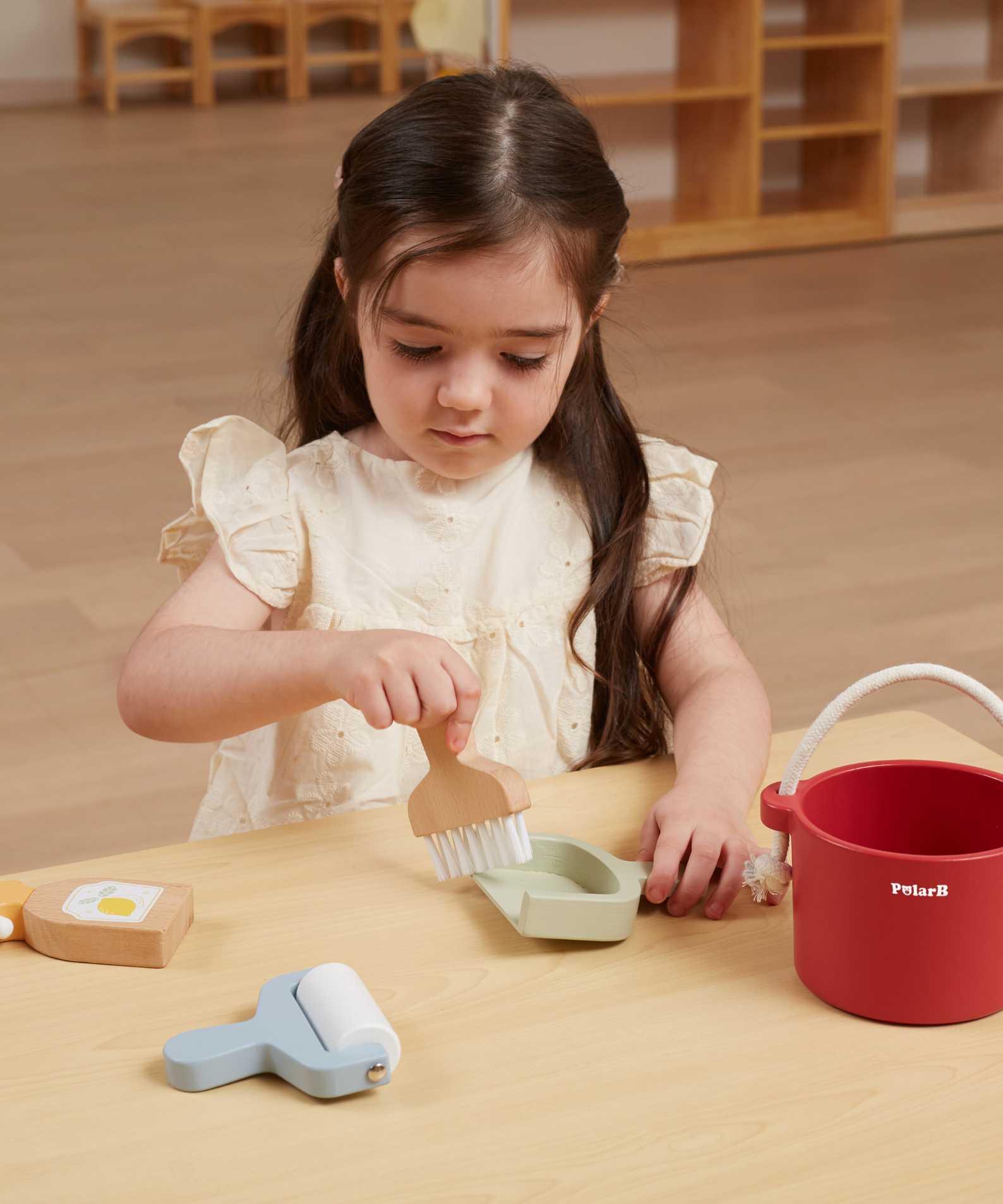 PolarB Wooden Cleaning Set for Kids, Realistic Pretend Play Cleaning Toys with Bucket, Brush, Dustpan, Montessori Toy for Children Ages 3 and Up