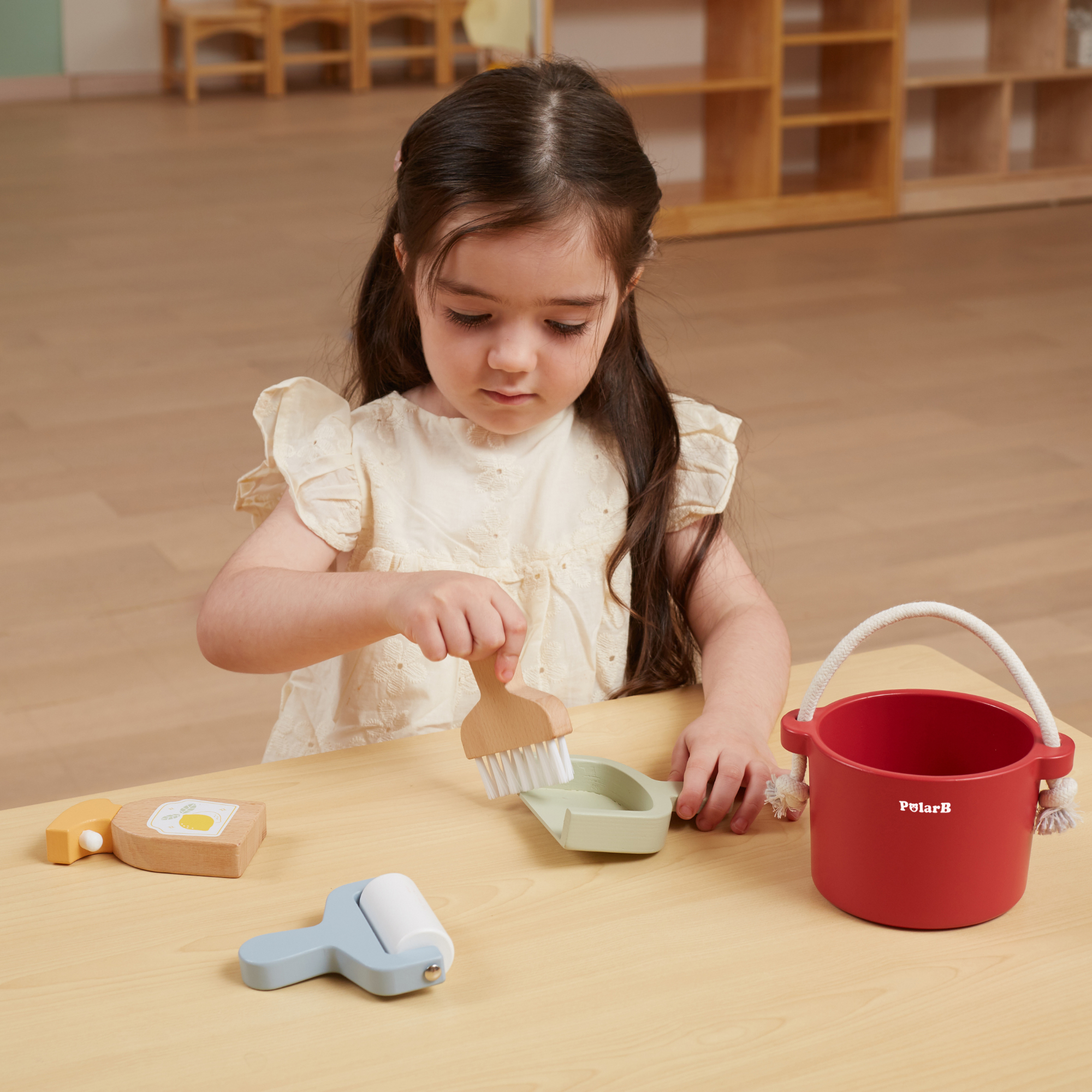 PolarB Wooden Cleaning Set for Kids, Realistic Pretend Play Cleaning Toys with Bucket, Brush, Dustpan, Montessori Toy for Children Ages 3 and Up