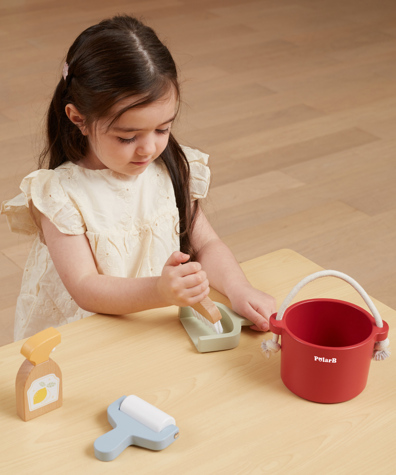 PolarB Wooden Cleaning Set for Kids, Realistic Pretend Play Cleaning Toys with Bucket, Brush, Dustpan, Montessori Toy for Children Ages 3 and Up