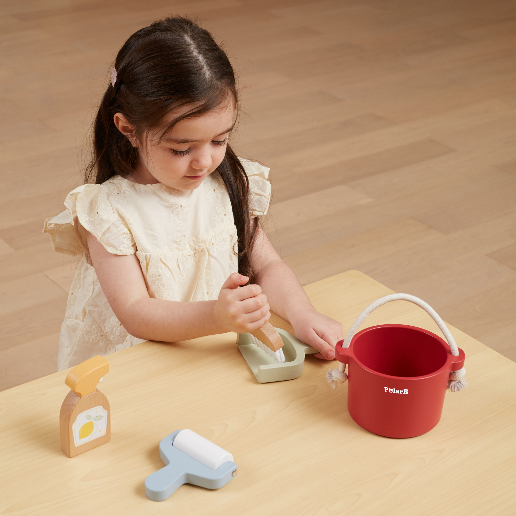 PolarB Wooden Cleaning Set for Kids, Realistic Pretend Play Cleaning Toys with Bucket, Brush, Dustpan, Montessori Toy for Children Ages 3 and Up