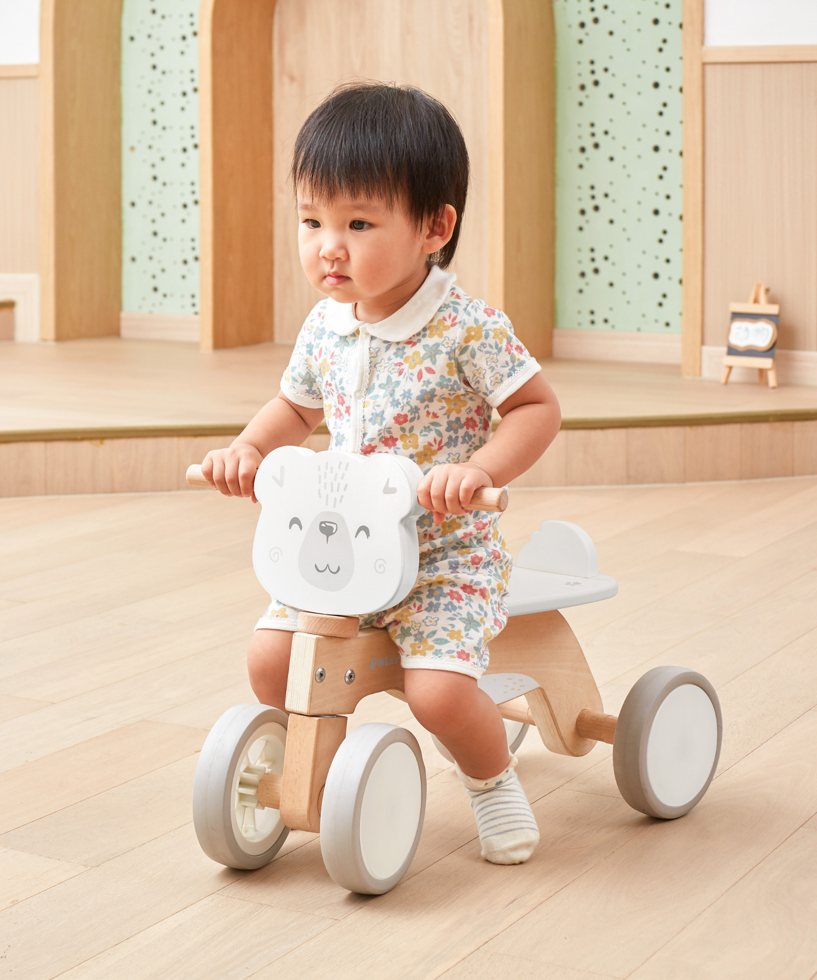 PolarB Wooden Ride-On Trike for Toddlers, Eco-Friendly Wooden Bear Trike with Steering Lock and EVA Wheels, Motor Skill Development Ride-On Toy for Ages 12 Months and Up