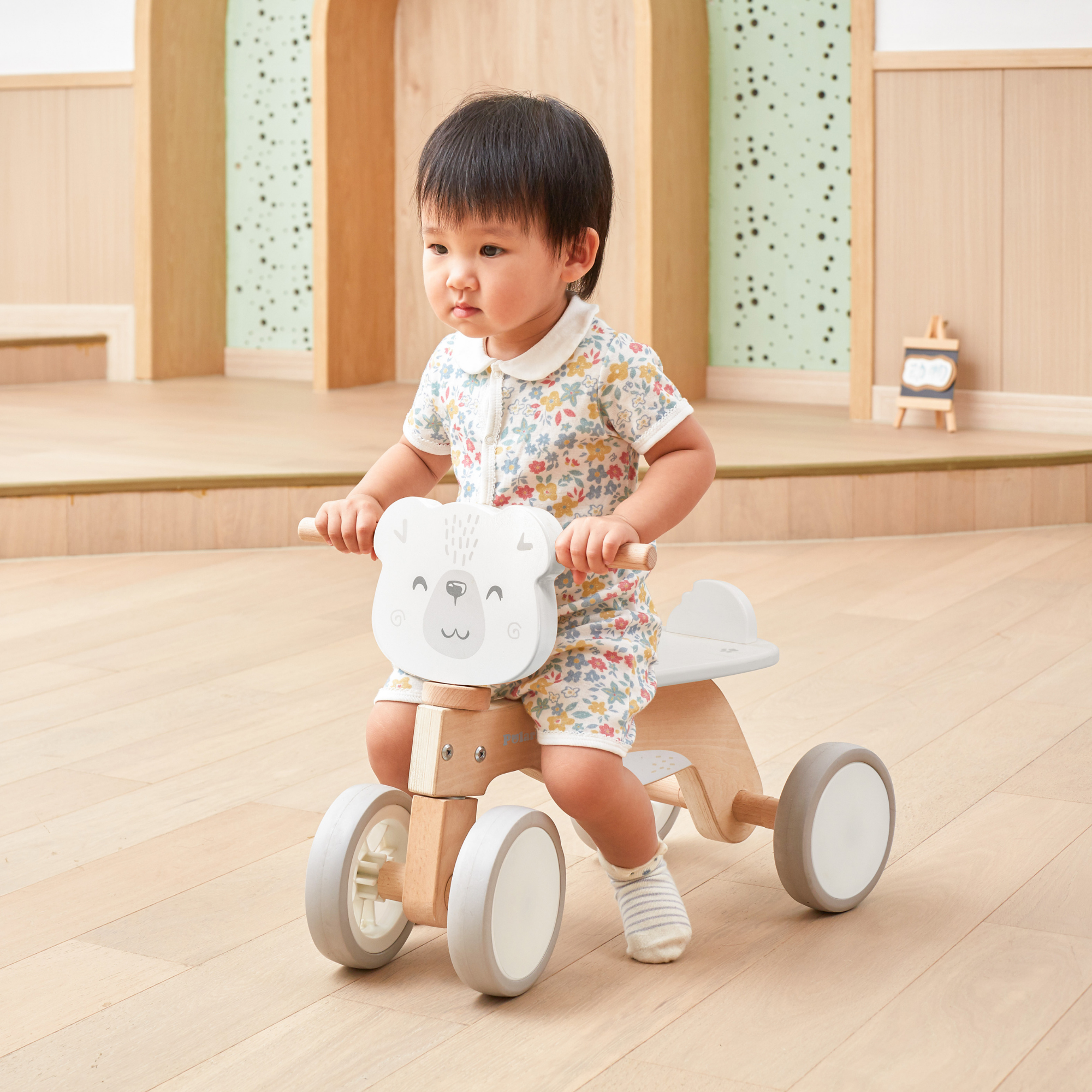 PolarB Wooden Ride-On Trike for Toddlers, Eco-Friendly Wooden Bear Trike with Steering Lock and EVA Wheels, Motor Skill Development Ride-On Toy for Ages 12 Months and Up