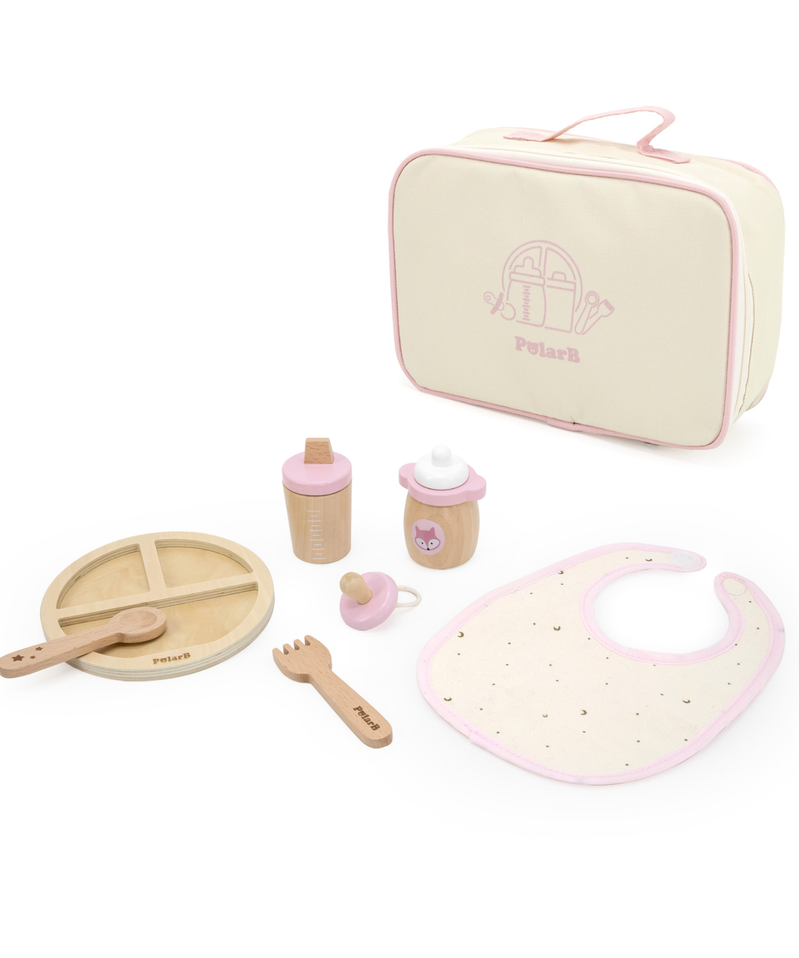 PolarB Wooden Doll Feeding Set for Kids, 8-Piece Pretend Play Set with Bag, Encourages Empathy, Imaginative Role Play and Social Skills, Ages 3 and Up