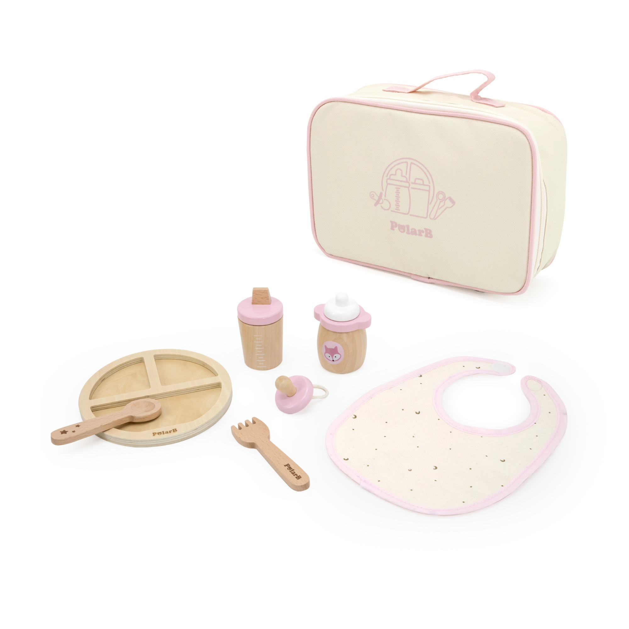 PolarB Wooden Doll Feeding Set for Kids, 8-Piece Pretend Play Set with Bag, Encourages Empathy, Imaginative Role Play and Social Skills, Ages 3 and Up