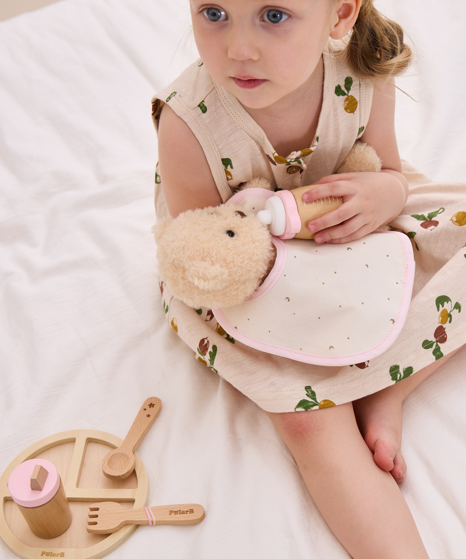 PolarB Wooden Doll Feeding Set for Kids, 8-Piece Pretend Play Set with Bag, Encourages Empathy, Imaginative Role Play and Social Skills, Ages 3 and Up