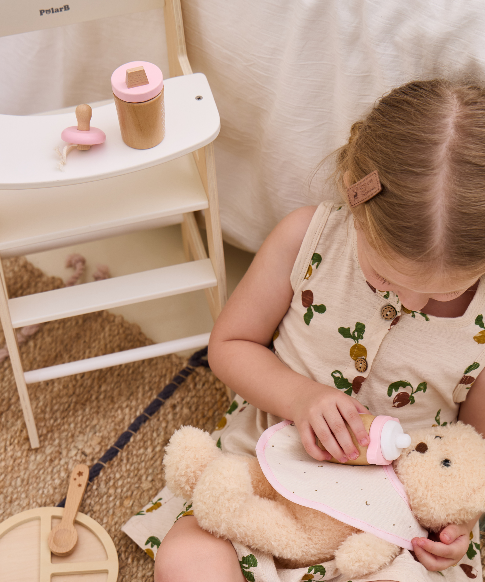 PolarB Wooden Doll Feeding Set for Kids, 8-Piece Pretend Play Set with Bag, Encourages Empathy, Imaginative Role Play and Social Skills, Ages 3 and Up