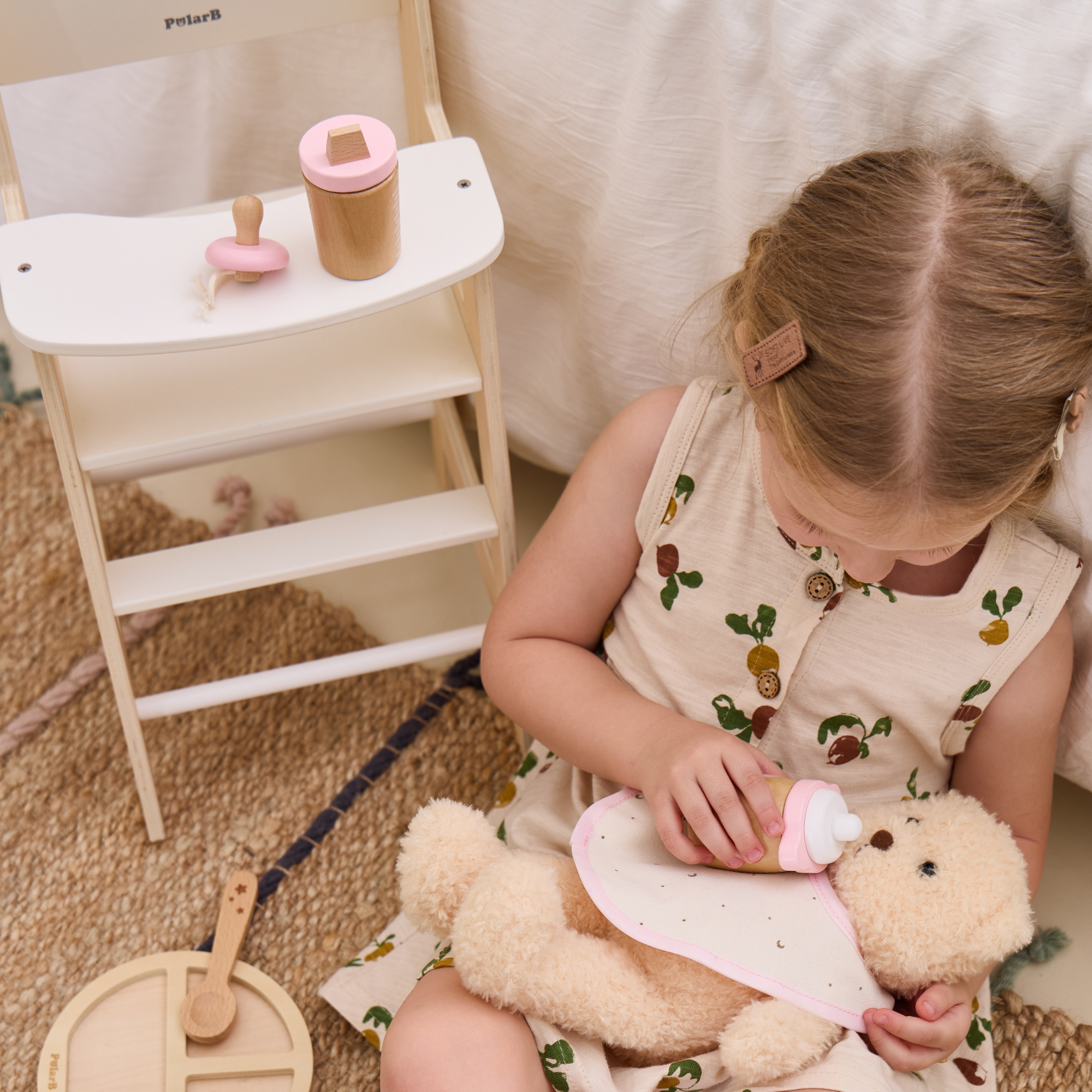 PolarB Wooden Doll Feeding Set for Kids, 8-Piece Pretend Play Set with Bag, Encourages Empathy, Imaginative Role Play and Social Skills, Ages 3 and Up