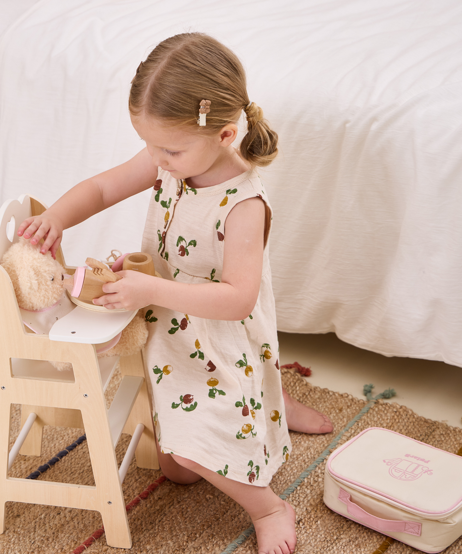 PolarB Wooden Doll Feeding Set for Kids, 8-Piece Pretend Play Set with Bag, Encourages Empathy, Imaginative Role Play and Social Skills, Ages 3 and Up