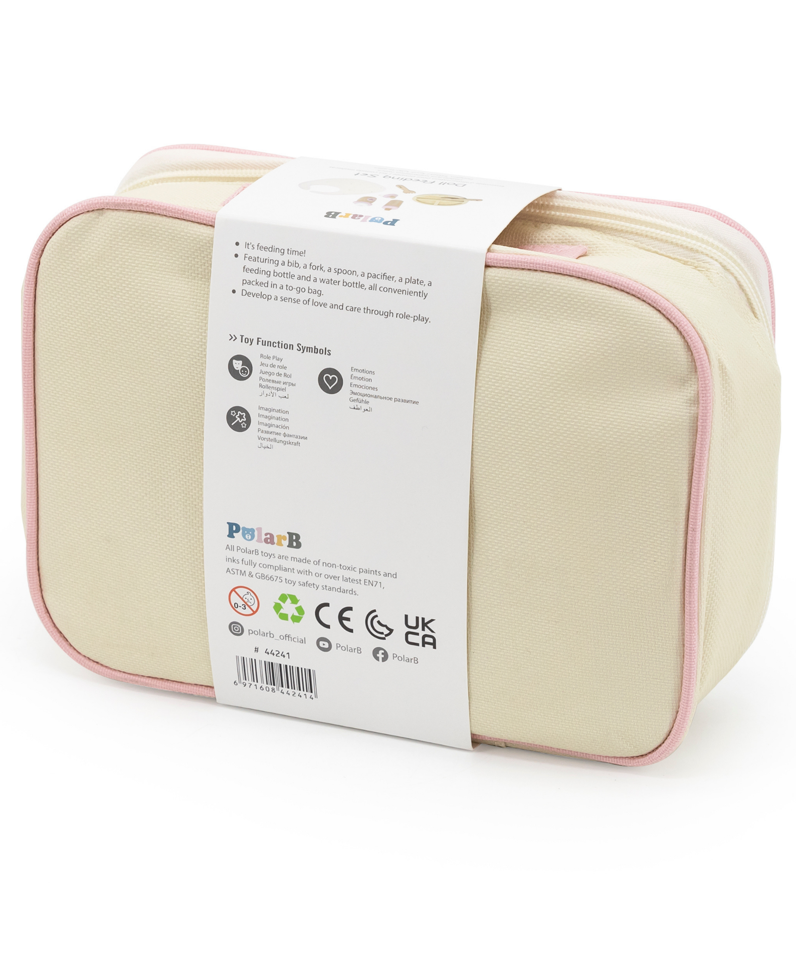 PolarB Wooden Doll Feeding Set for Kids, 8-Piece Pretend Play Set with Bag, Encourages Empathy, Imaginative Role Play and Social Skills, Ages 3 and Up