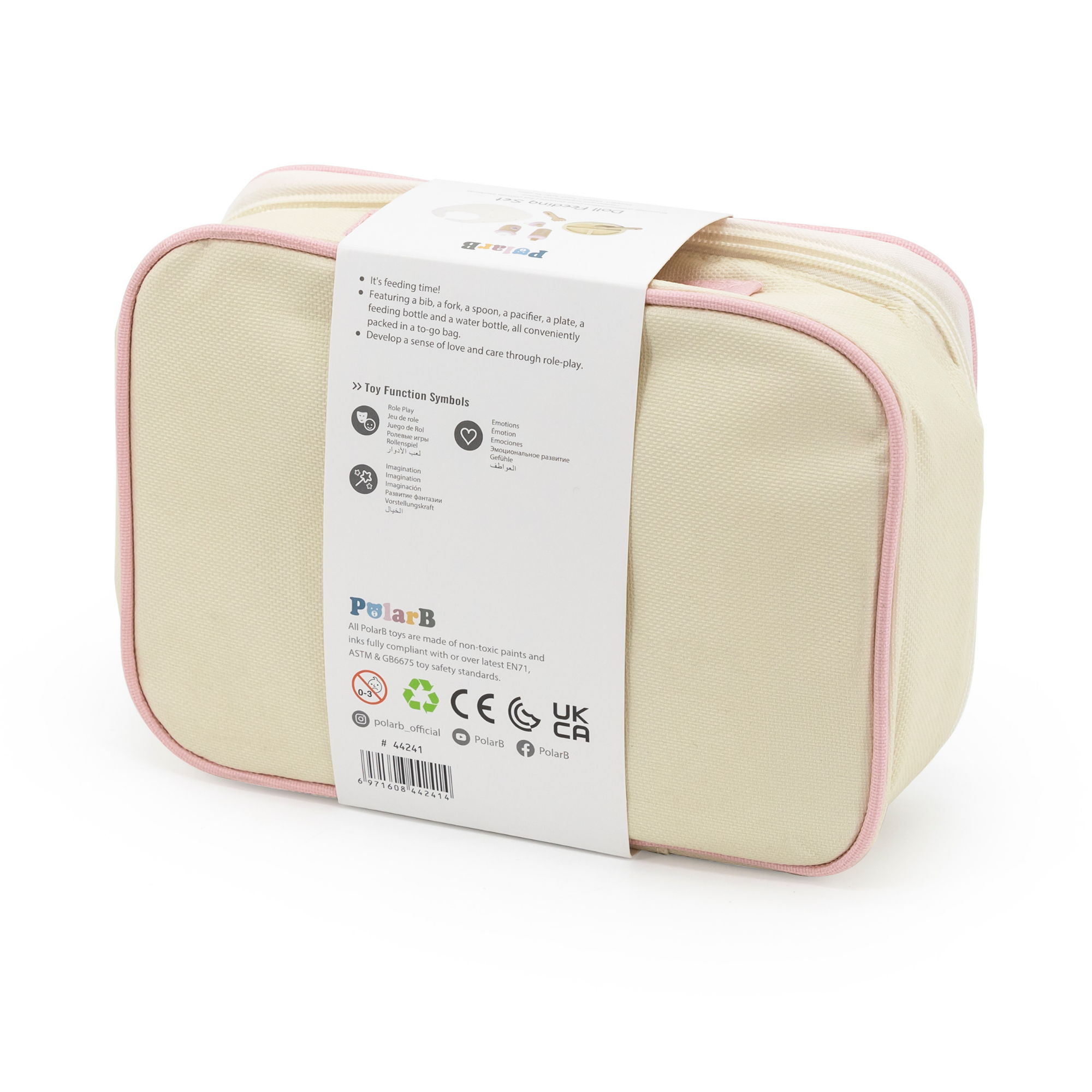 PolarB Wooden Doll Feeding Set for Kids, 8-Piece Pretend Play Set with Bag, Encourages Empathy, Imaginative Role Play and Social Skills, Ages 3 and Up