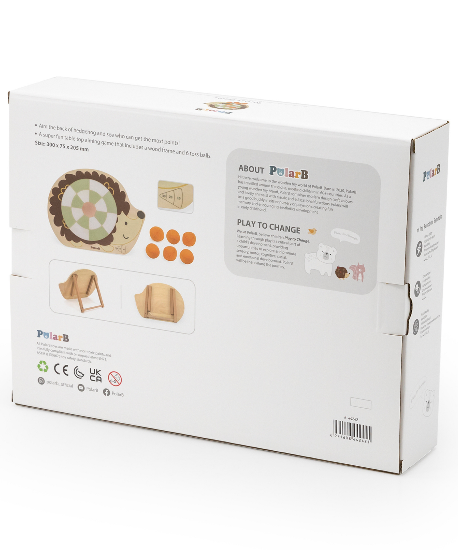 PolarB Wooden Target Game for Kids, Hedgehog Aiming Game with 6 Toss Balls, Develops Hand-Eye Coordination and Motor Skills, Indoor and Outdoor Toy for Ages 3+