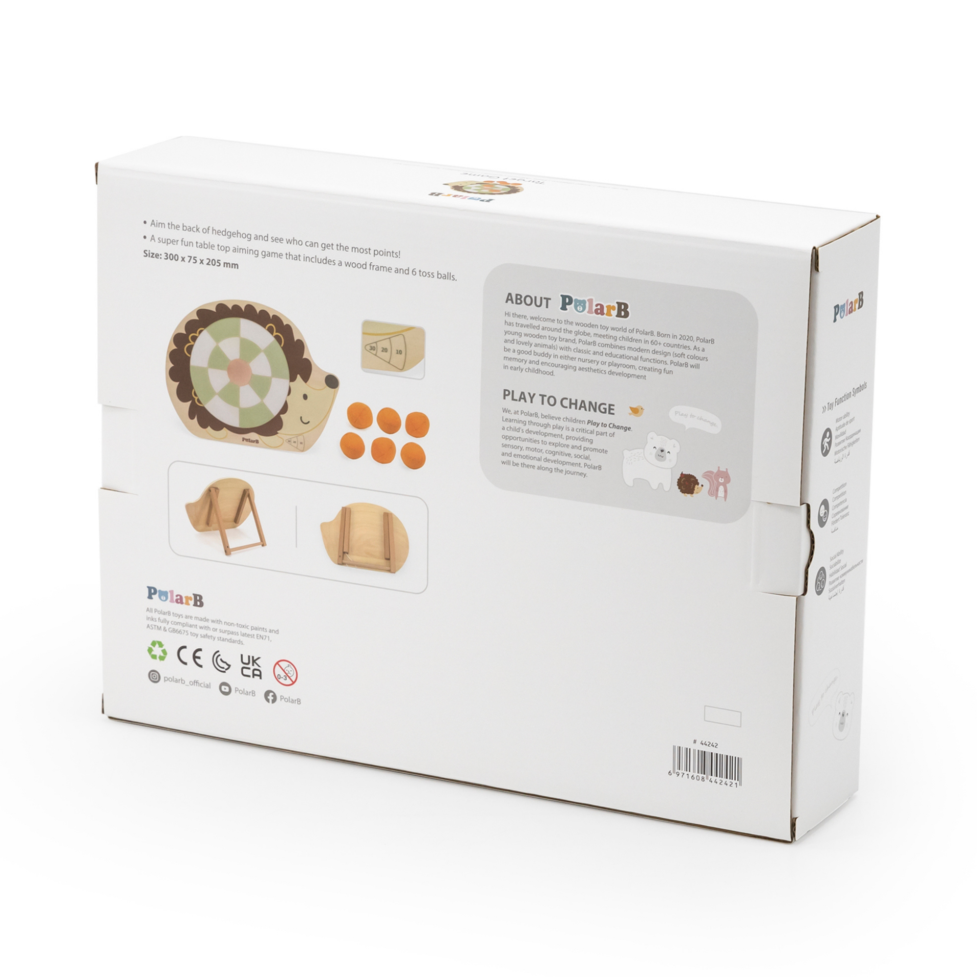 PolarB Wooden Target Game for Kids, Hedgehog Aiming Game with 6 Toss Balls, Develops Hand-Eye Coordination and Motor Skills, Indoor and Outdoor Toy for Ages 3+
