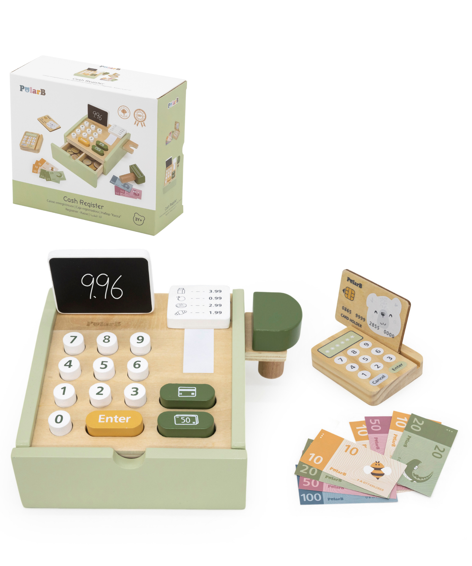 PolarB Wooden Cash Register Toy for Kids, Pretend Play Checkout Set with Scanner, Credit Card, Coins, and Receipt Roll, Educational Role Play Toy for Ages 3 and Up
