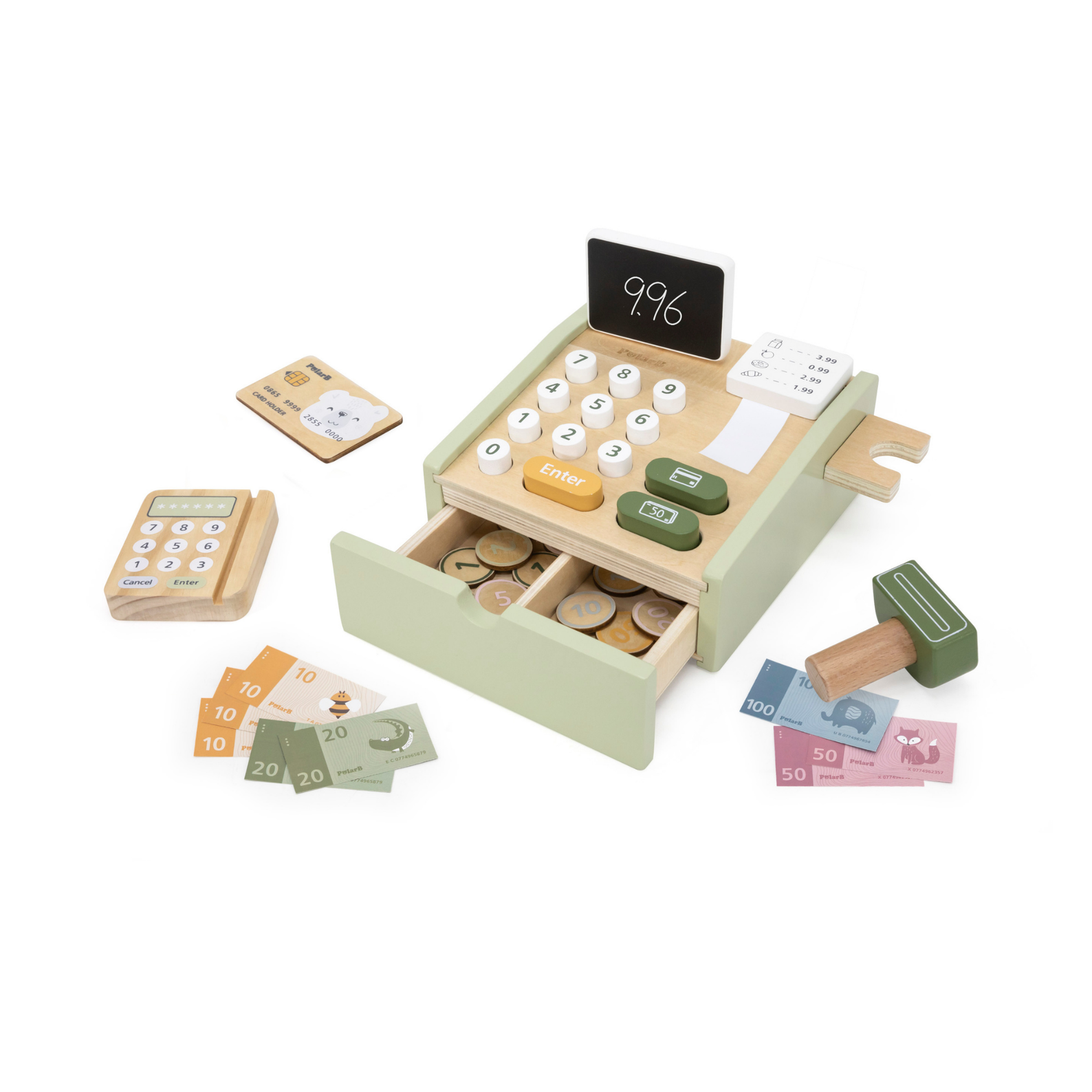 PolarB Wooden Cash Register Toy for Kids, Pretend Play Checkout Set with Scanner, Credit Card, Coins, and Receipt Roll, Educational Role Play Toy for Ages 3 and Up