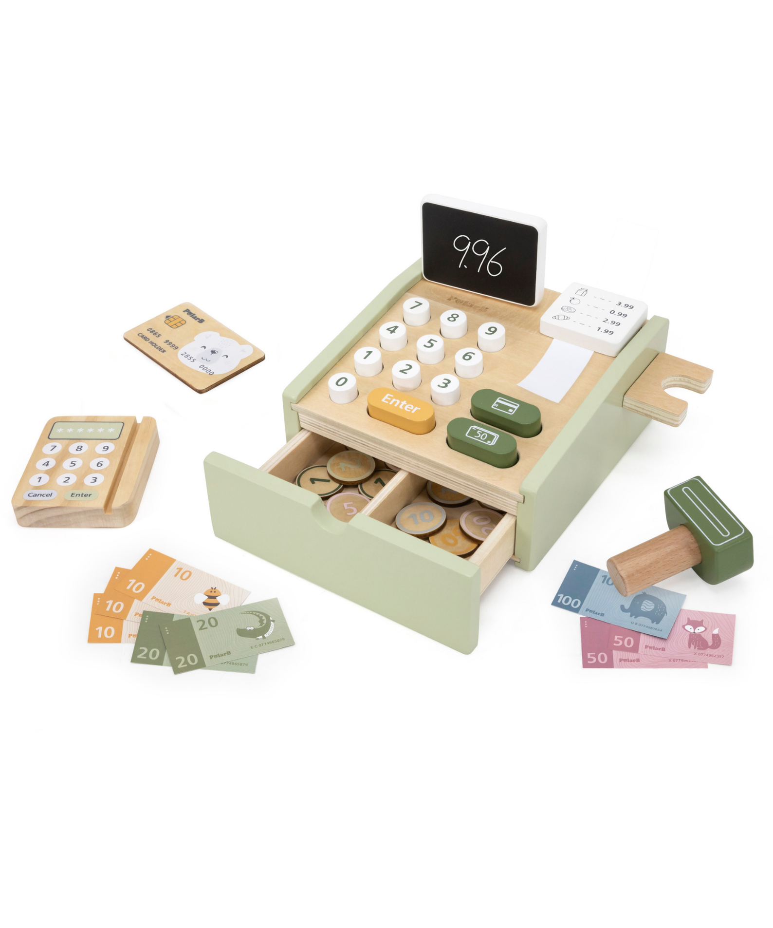 PolarB Wooden Cash Register Toy for Kids, Pretend Play Checkout Set with Scanner, Credit Card, Coins, and Receipt Roll, Educational Role Play Toy for Ages 3 and Up