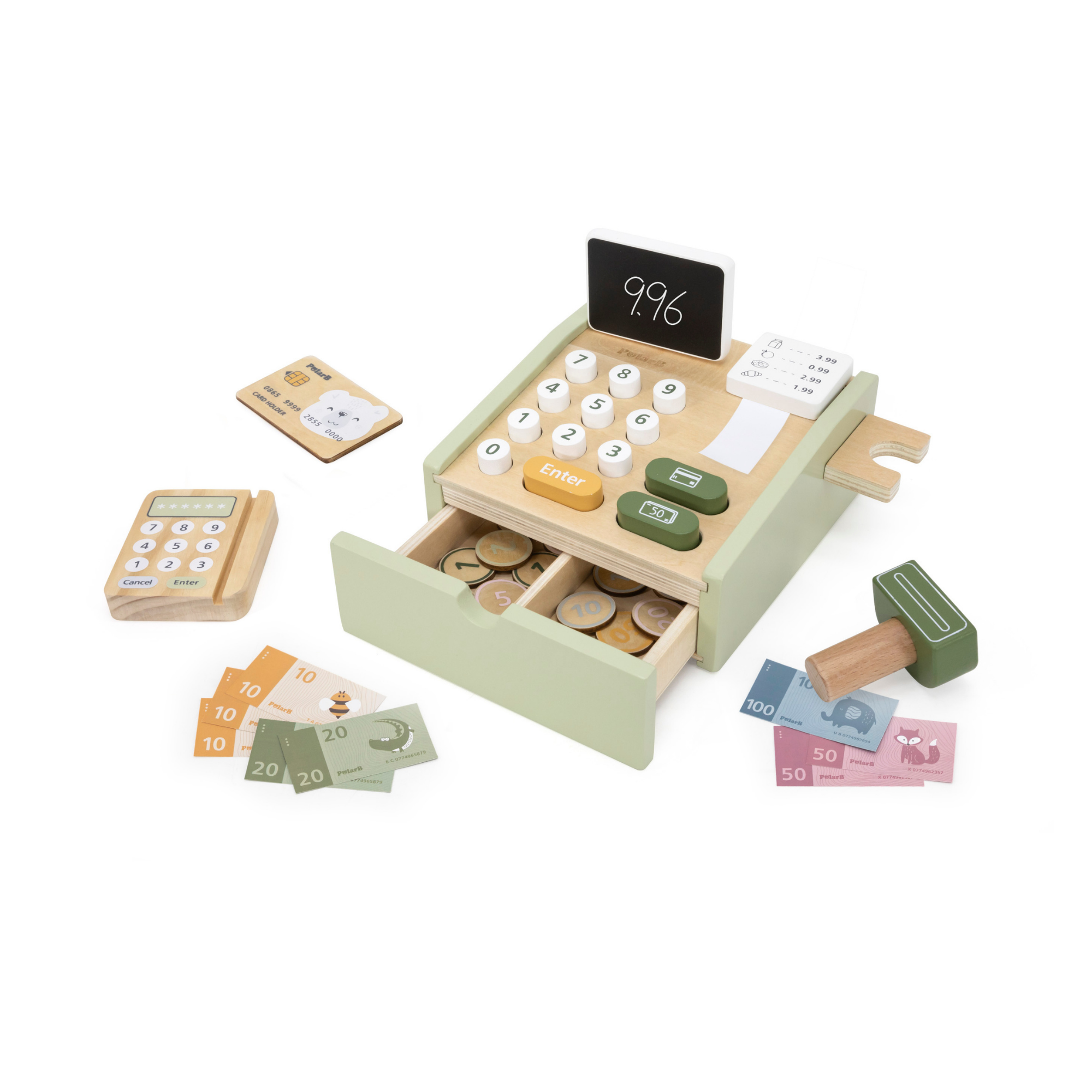 PolarB Wooden Cash Register Toy for Kids, Pretend Play Checkout Set with Scanner, Credit Card, Coins, and Receipt Roll, Educational Role Play Toy for Ages 3 and Up