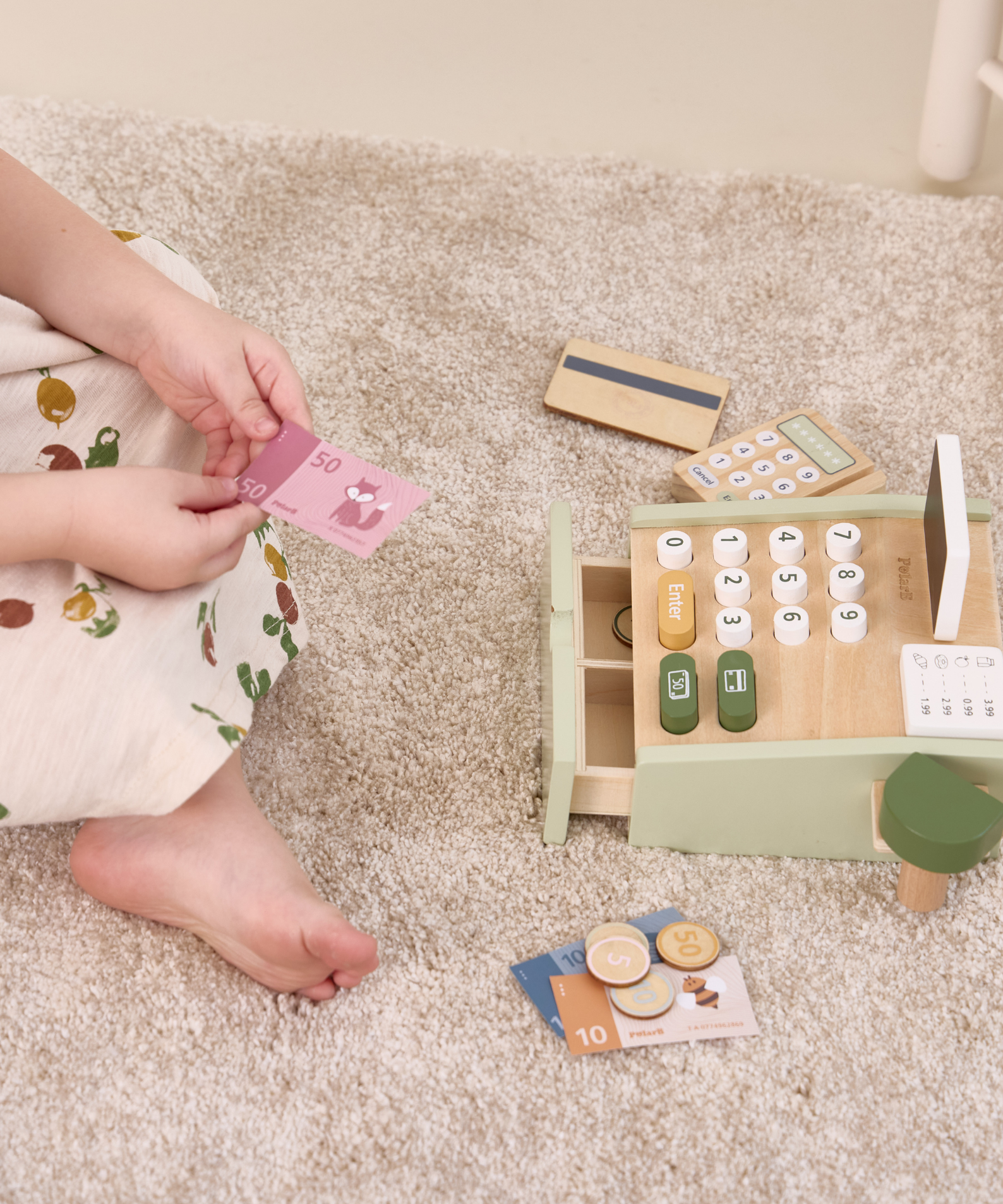 PolarB Wooden Cash Register Toy for Kids, Pretend Play Checkout Set with Scanner, Credit Card, Coins, and Receipt Roll, Educational Role Play Toy for Ages 3 and Up