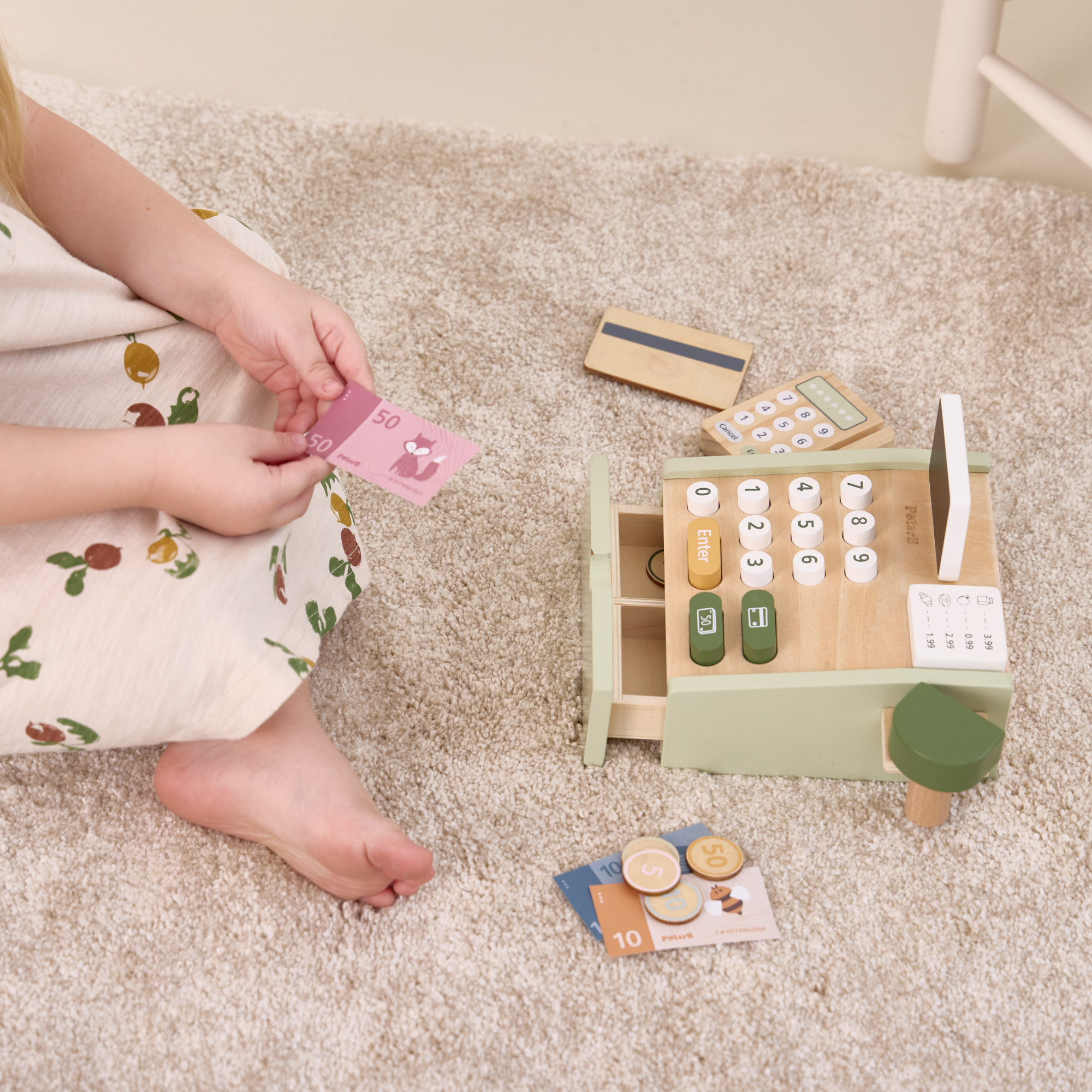 PolarB Wooden Cash Register Toy for Kids, Pretend Play Checkout Set with Scanner, Credit Card, Coins, and Receipt Roll, Educational Role Play Toy for Ages 3 and Up