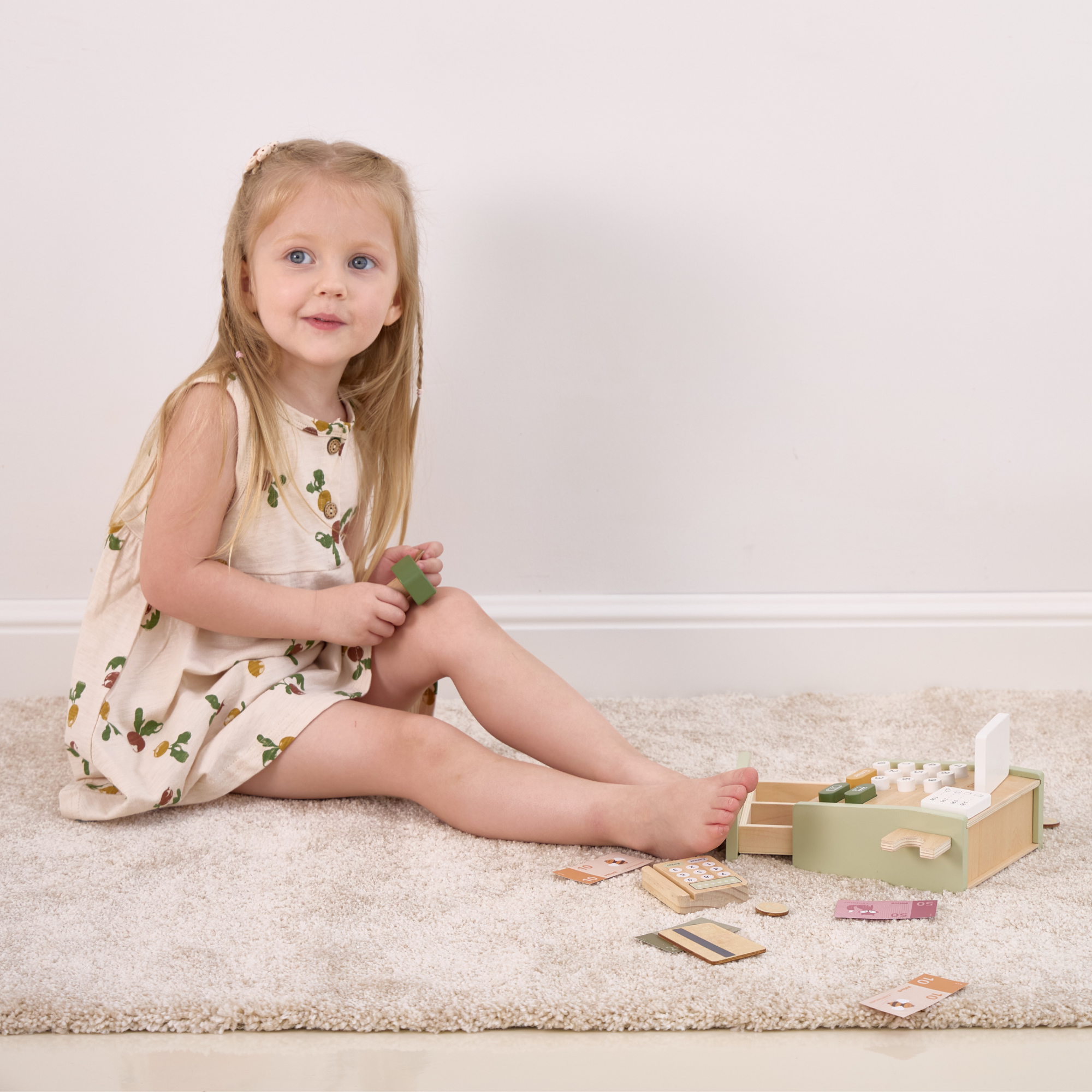 PolarB Wooden Cash Register Toy for Kids, Pretend Play Checkout Set with Scanner, Credit Card, Coins, and Receipt Roll, Educational Role Play Toy for Ages 3 and Up