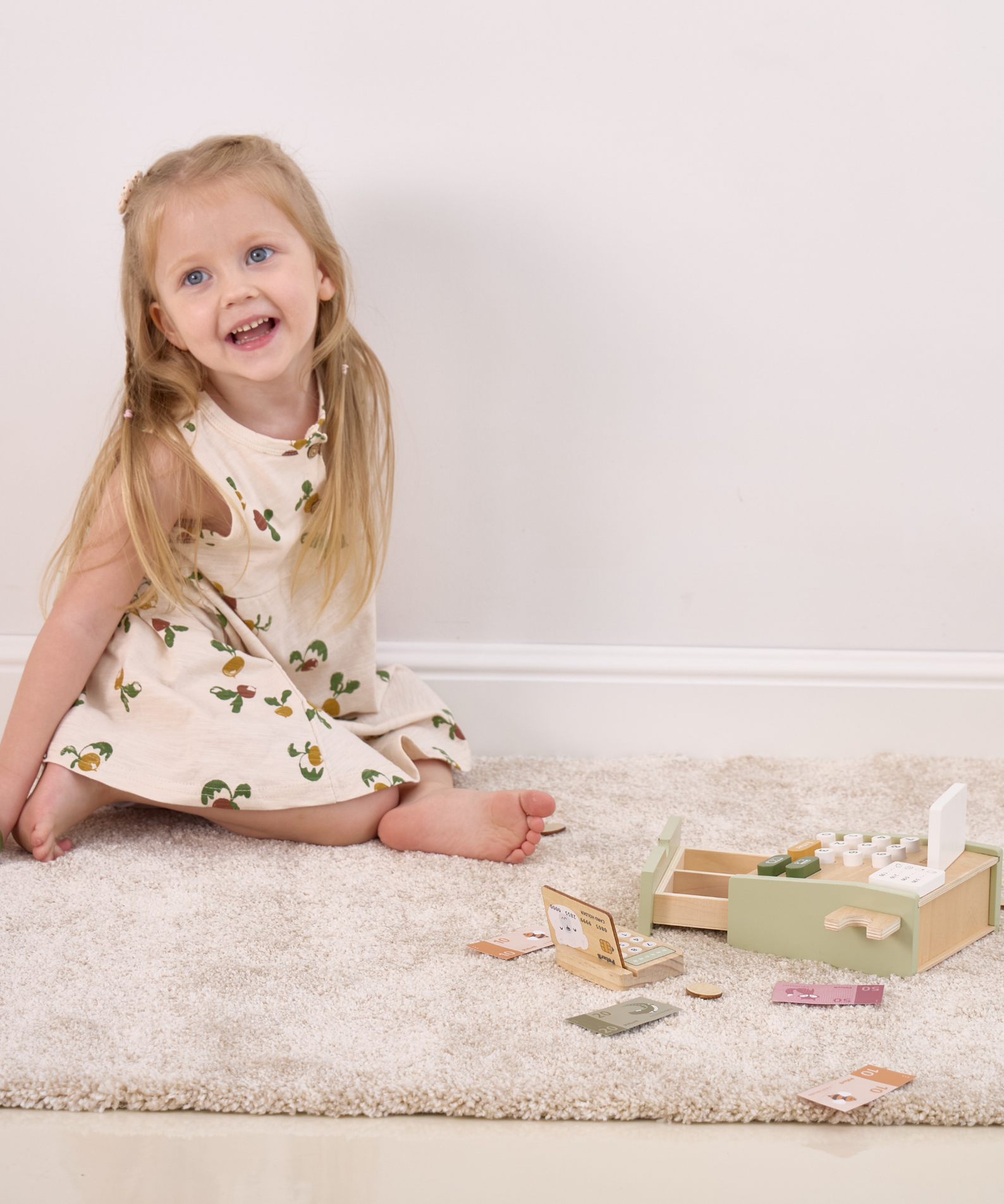 PolarB Wooden Cash Register Toy for Kids, Pretend Play Checkout Set with Scanner, Credit Card, Coins, and Receipt Roll, Educational Role Play Toy for Ages 3 and Up