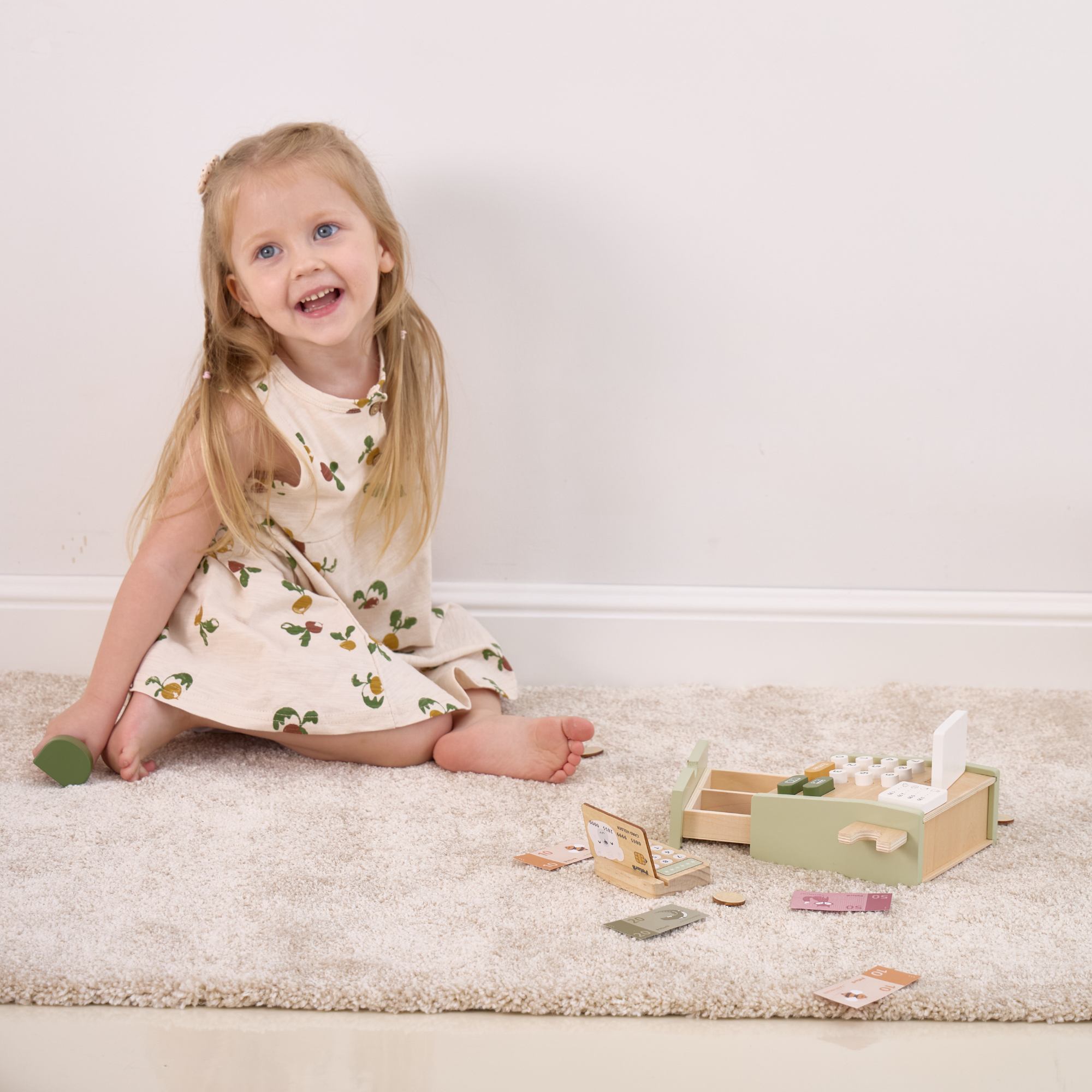 PolarB Wooden Cash Register Toy for Kids, Pretend Play Checkout Set with Scanner, Credit Card, Coins, and Receipt Roll, Educational Role Play Toy for Ages 3 and Up